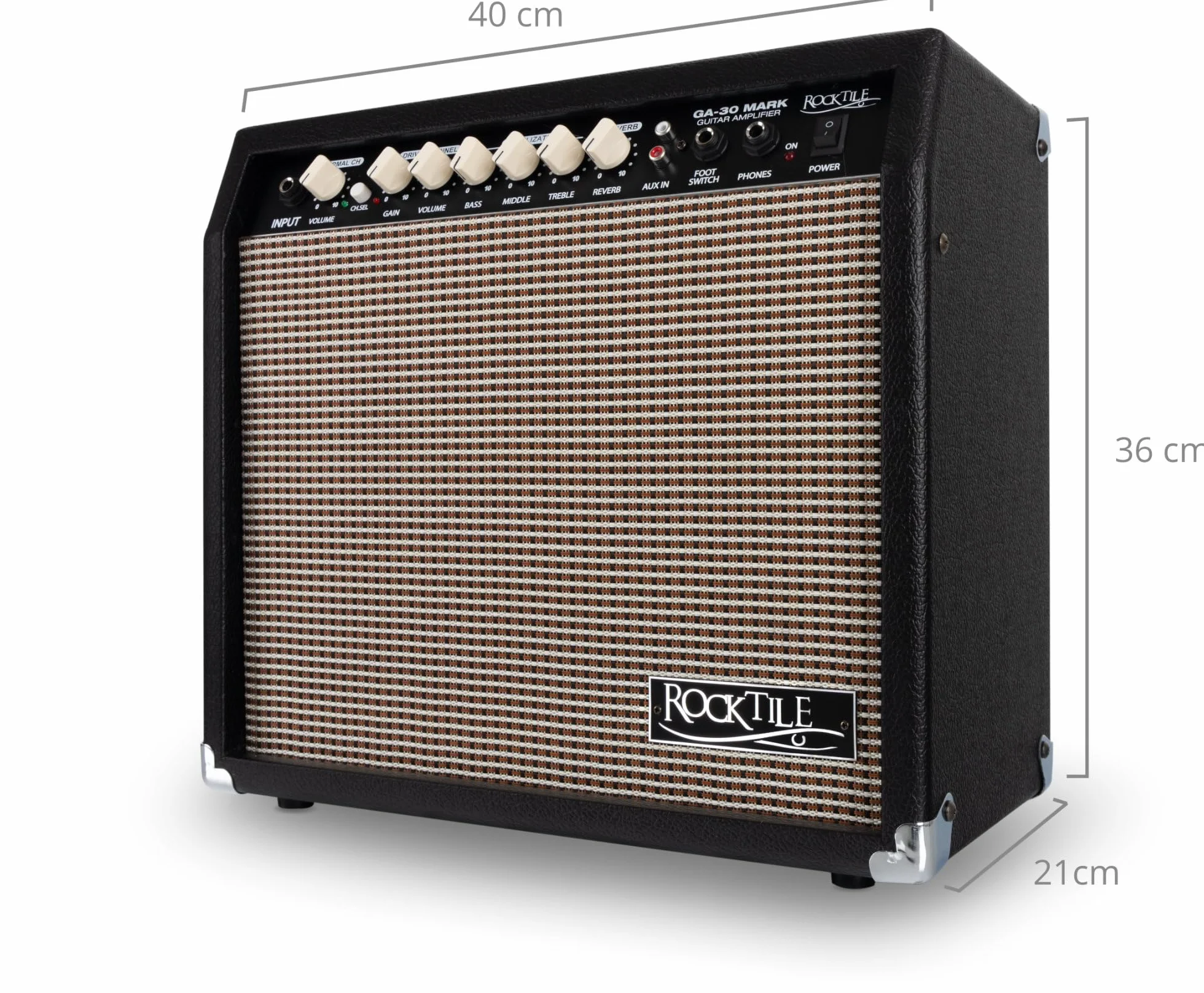 Amplificatore per Chitarra Rocktile GA-30 Mark (combo chitarra 30 watt, 2 canali (Clean/Drive), speaker 8", con effetto riverbero nero