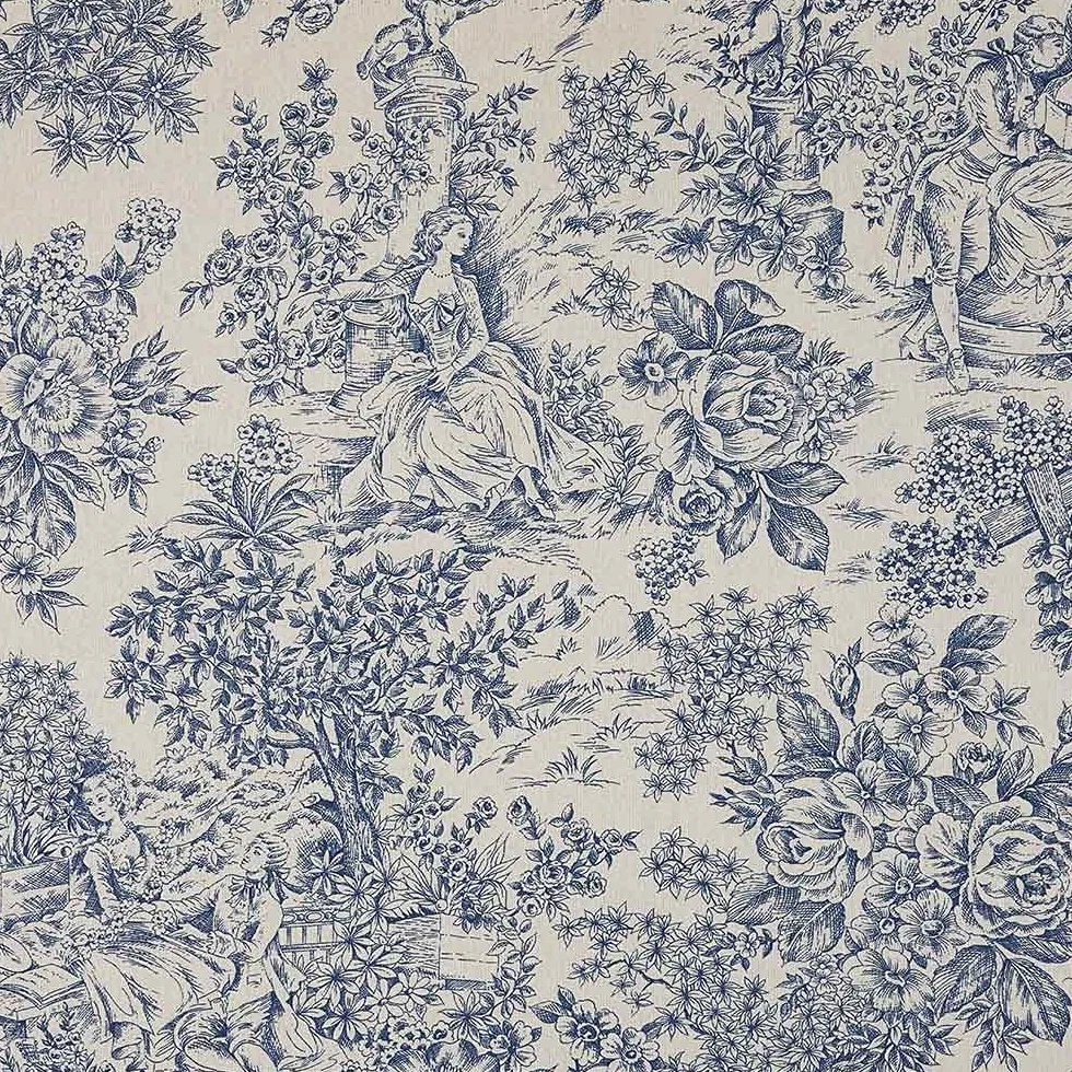Kt KILOtela - Tela stampata in tela, decorazione, tappezzeria, cuscini, tovaglie, borse, artigianato, 100 cm lunghezza x 280 cm larghezza, romantico, paesaggio, toile de jouy, blu, crudo ─ 1 metro