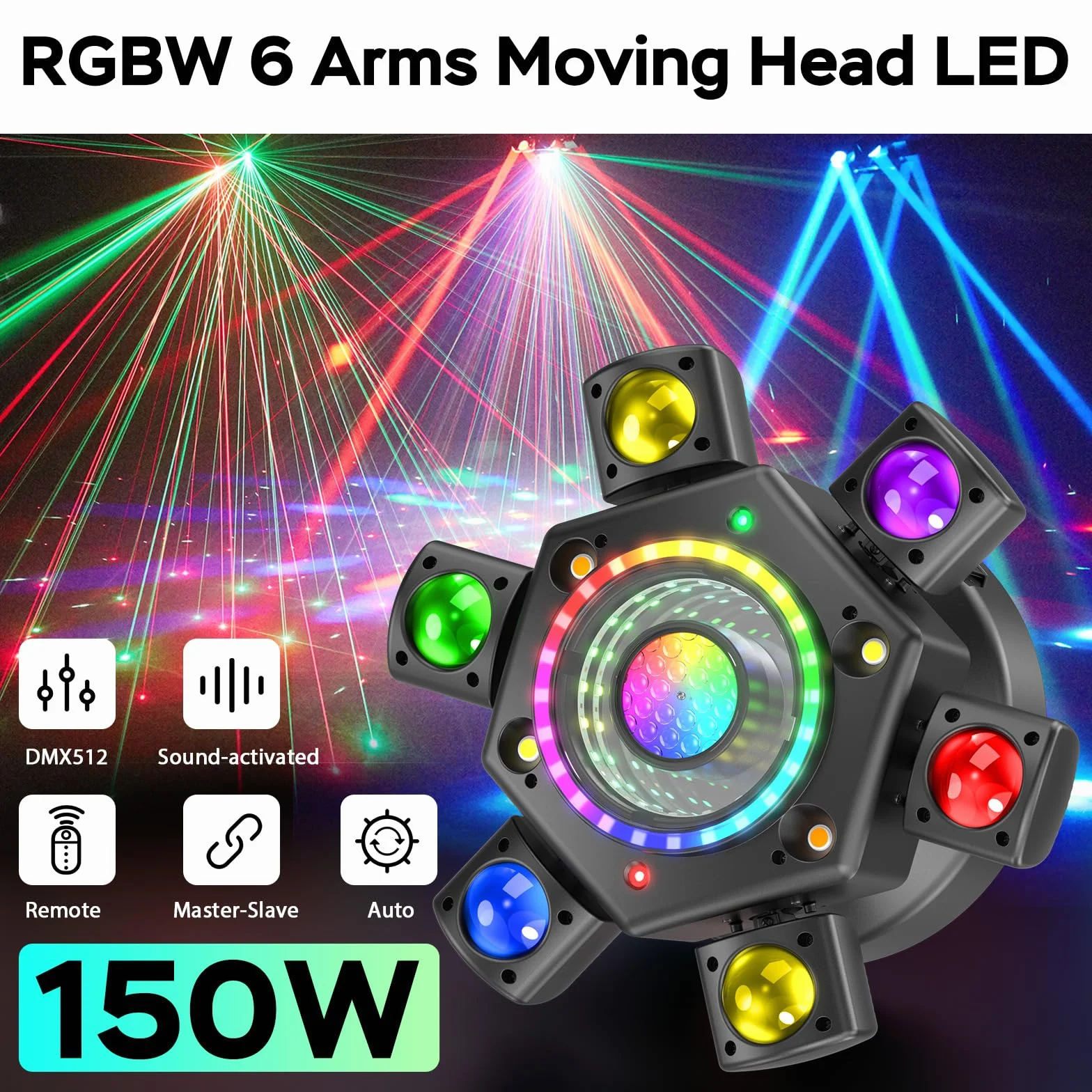 150W Teste Mobili LED da con DMX 512 6 Bracci Luminosi Effetti Luce RGBW Teste Mobili DJ Con Telecomando Perfetta Per Matrimoni Feste,Teatri e DJ