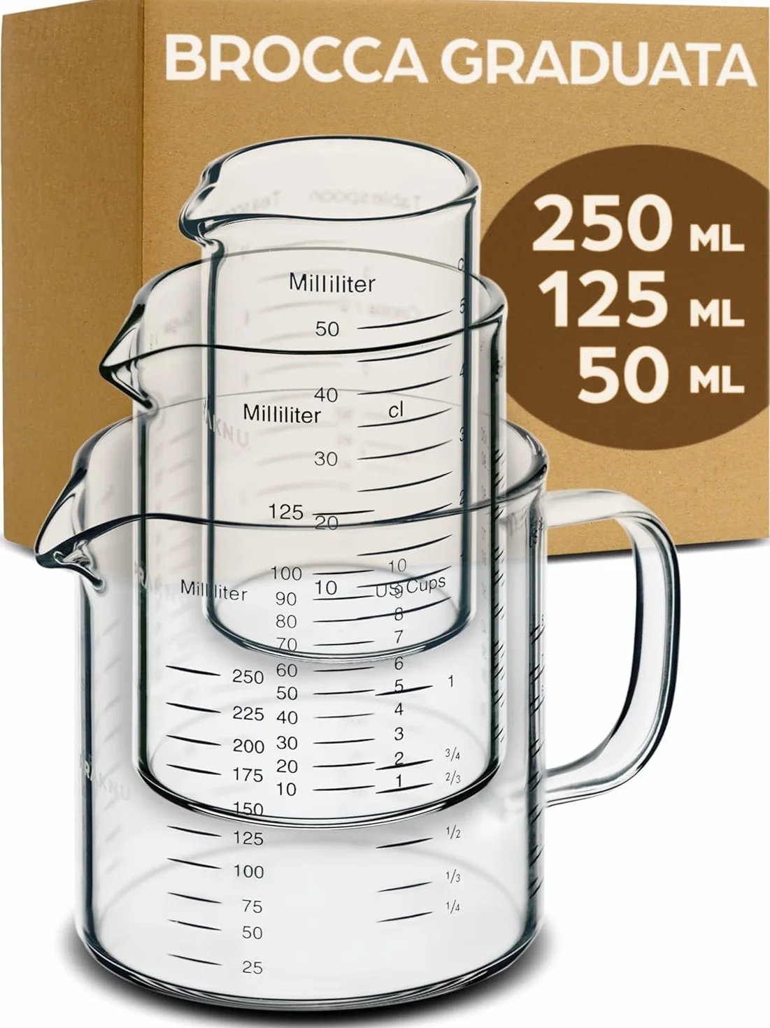 Praknu Brocca Graduata in Vetro - 50ml, 125ml, 250ml - Scala Precisa - Impilabile - Resistente al Calore e al Microonde.