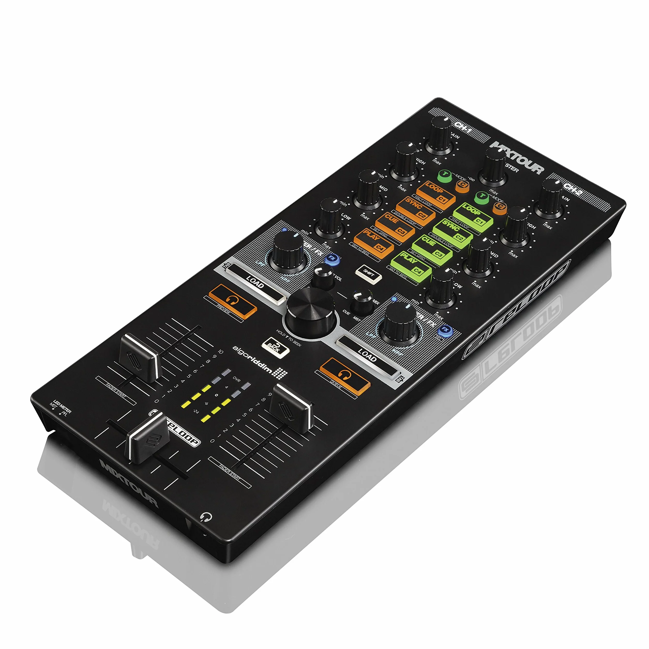 Reloop Mixtour - Controller DJ USB portatile all-in-one con interfaccia audio integrata e EQ a 3 bande, compatibilità MIDI e integrazione di servizi di streaming (per Algoriddim djay, (nero)