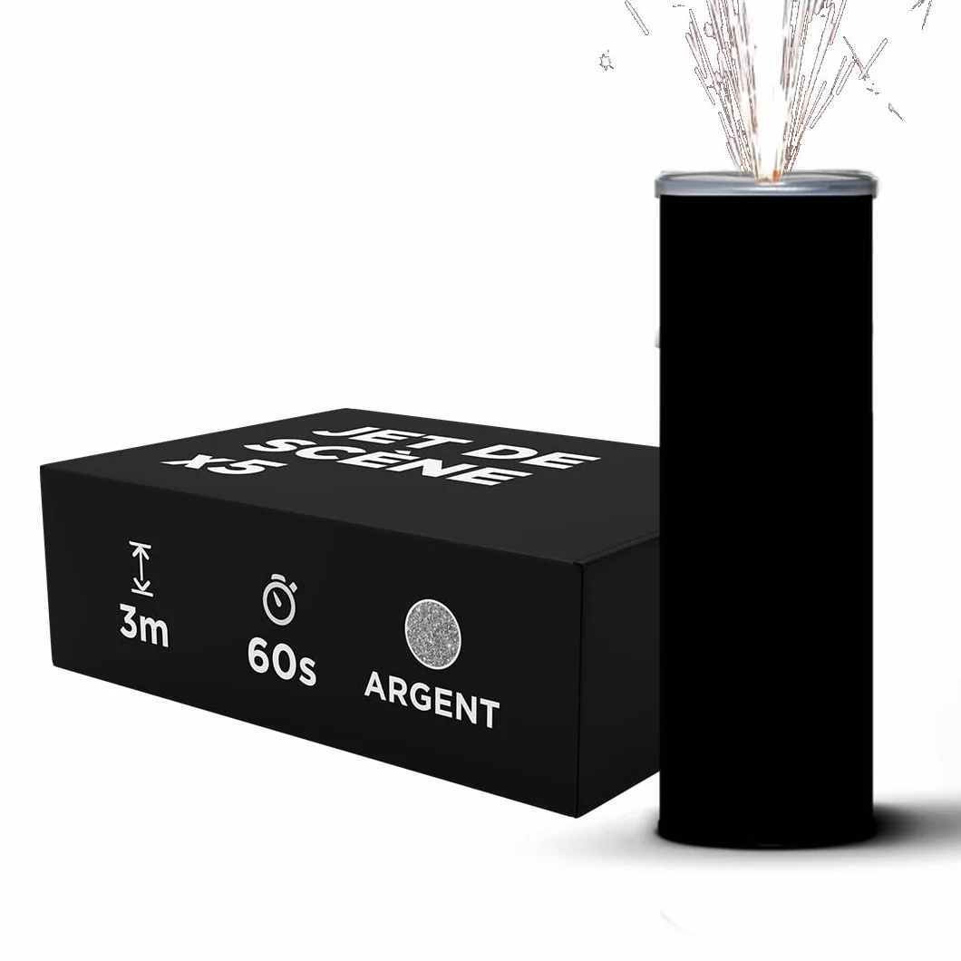 Jet di Scena Altezza 3 Metri Durata 60 Secondi - Jet di scena Effetto Pirotecnico per Interni a Scintille Fredde per Matrimonio - Design FULL BLACK senza scritta - Categoria F1