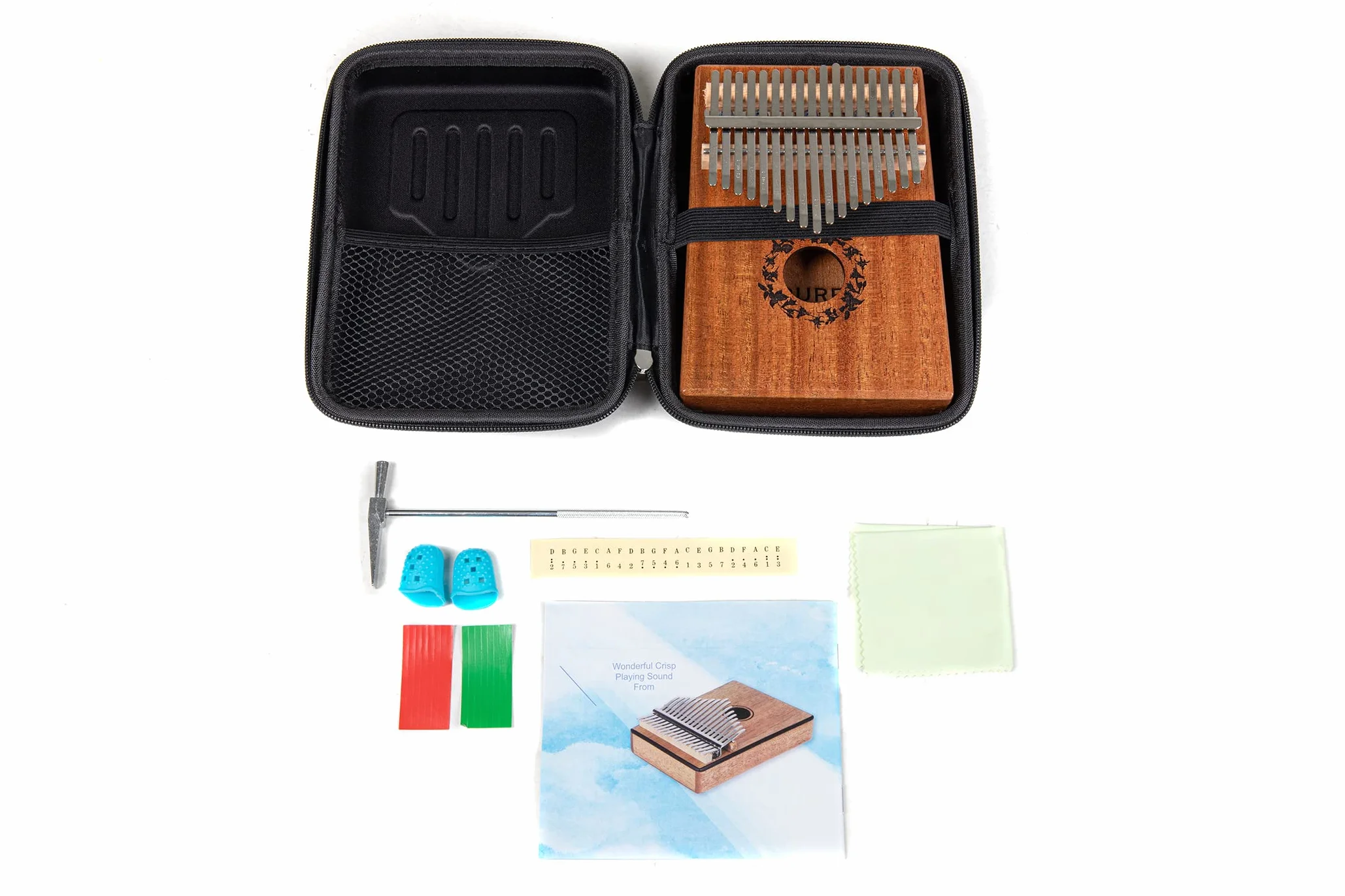 GEWA Kalimba pianoforte a pollice mogano, motivo foglie, 17 canne in acciaio, accordabile, incl. borsa, martello per accordare, manuale