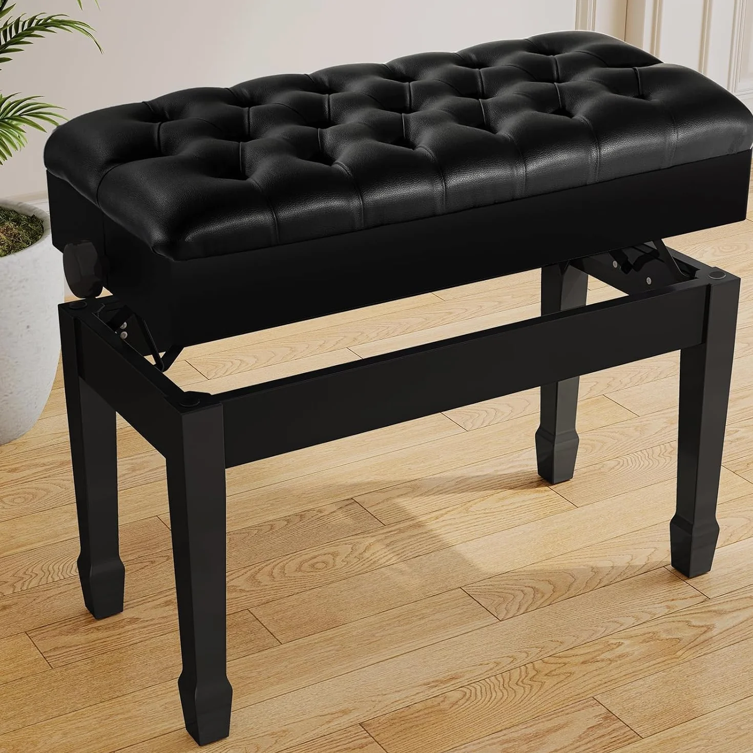 LIFERUN Sgabello per Pianoforte Regolabile 50-58 cm, Panca Pianoforte con Vano Portaoggetti, Sgabello Pianoforte per Duetto in Pelle PU Ispessita con Gambe Curve in Legno, Nero