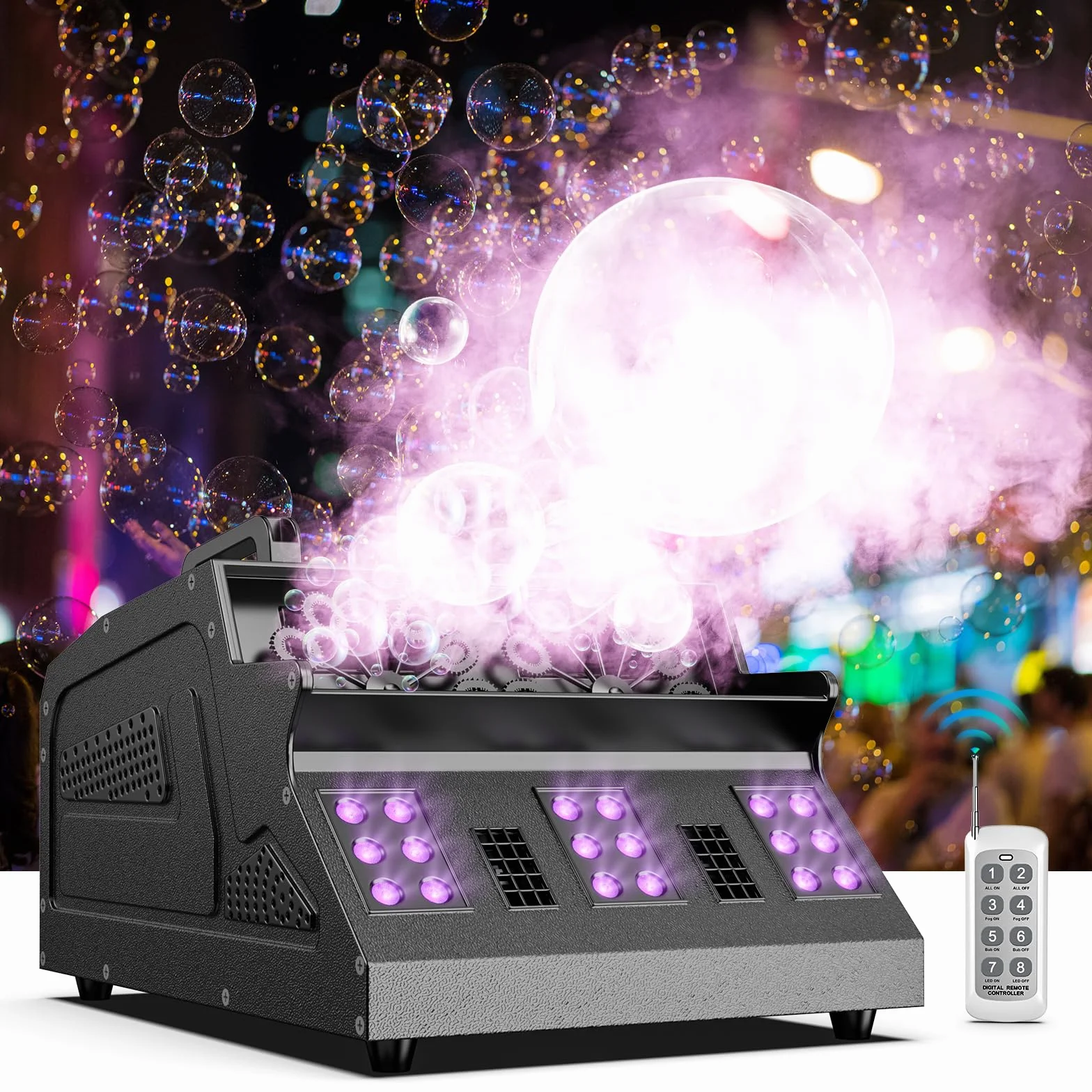 Macchina del Fumo con Bolle, Macchina per Bolle di Sapone da 1500 W con 18 Effetti RGB 3 in 1, Telecomando con Controllo D-MX, Adatta per Feste, DJ, Halloween, Natale, Matrimonio