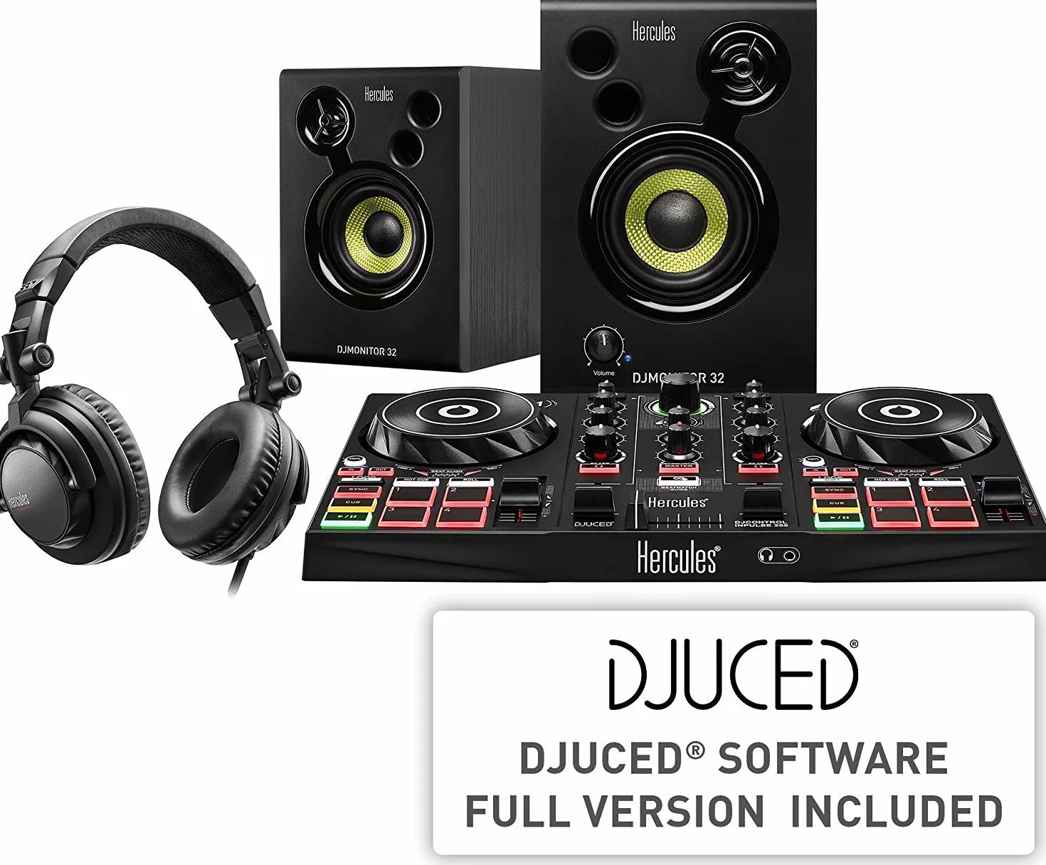 HERCULES Djlearning Kit All In One Controller Dj A Doppio Banco, Djcontrol Inpulse 200, Usb Con Scheda Audio Integrata, Cuffie Hdp Dj45 Per Monitorare Le Tracce In Coda, Nero