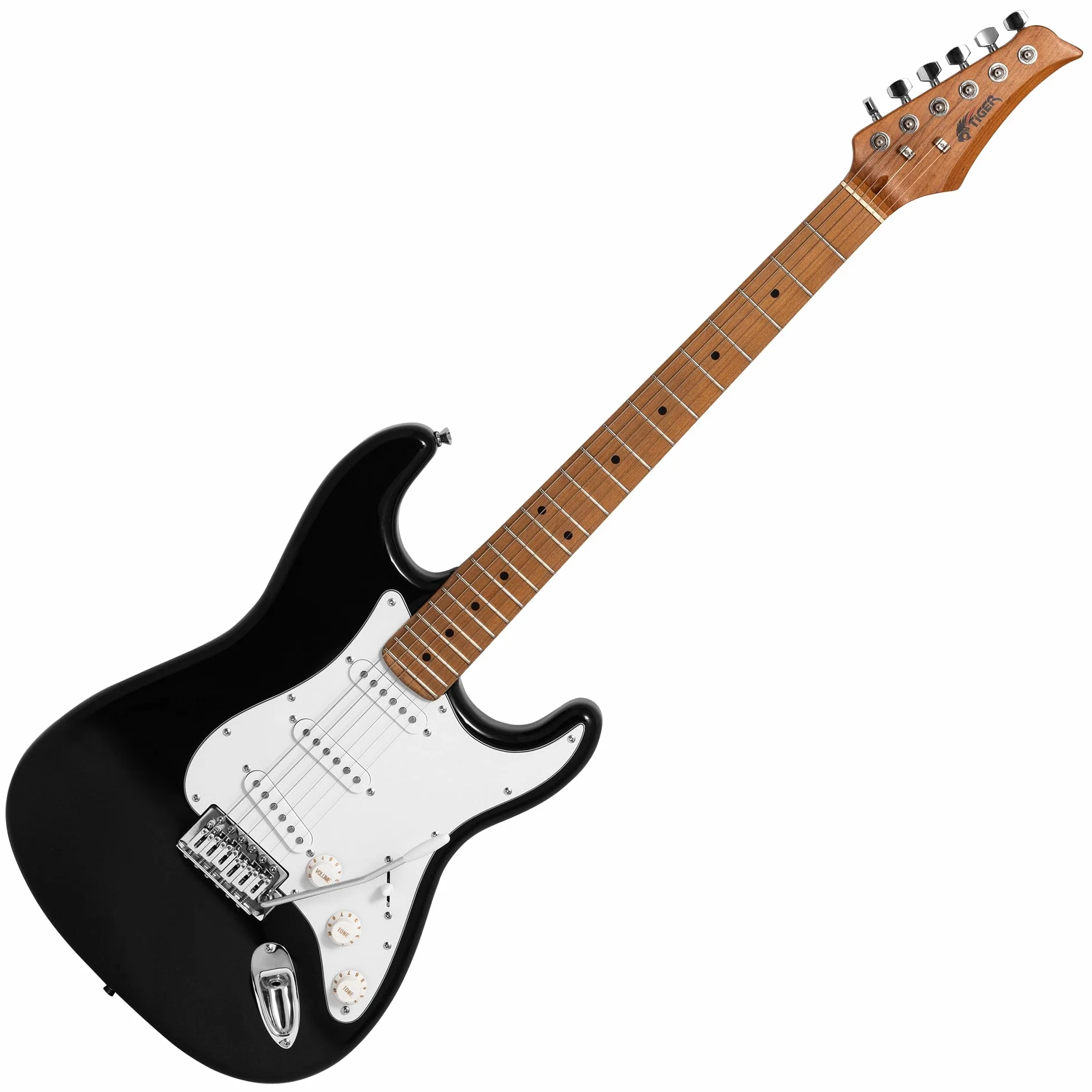 Tiger ELG-BK Chitarra Elettrica Full Size -Manico in Acero Stagionato, Pickup SSS Versatili - Nero - Adatta a Tutti gli Stili Musicali