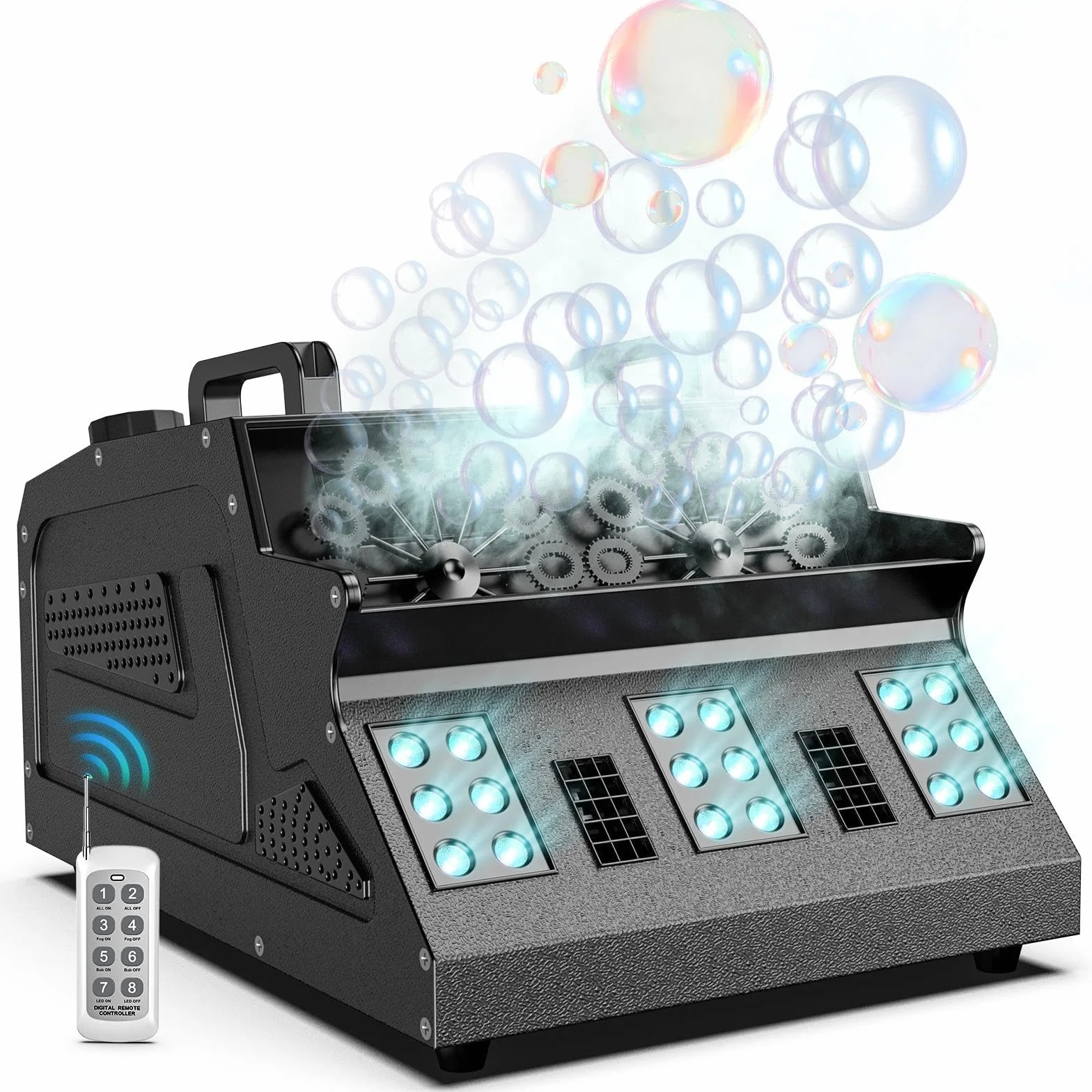 Macchina per Bolle di Fumo da 1500W con Telecomando, 18 LED RGB d-mx512 Supporta Controllo Indipendente Macchina per Fumo e Bolle per Matrimoni Feste Halloween Natale
