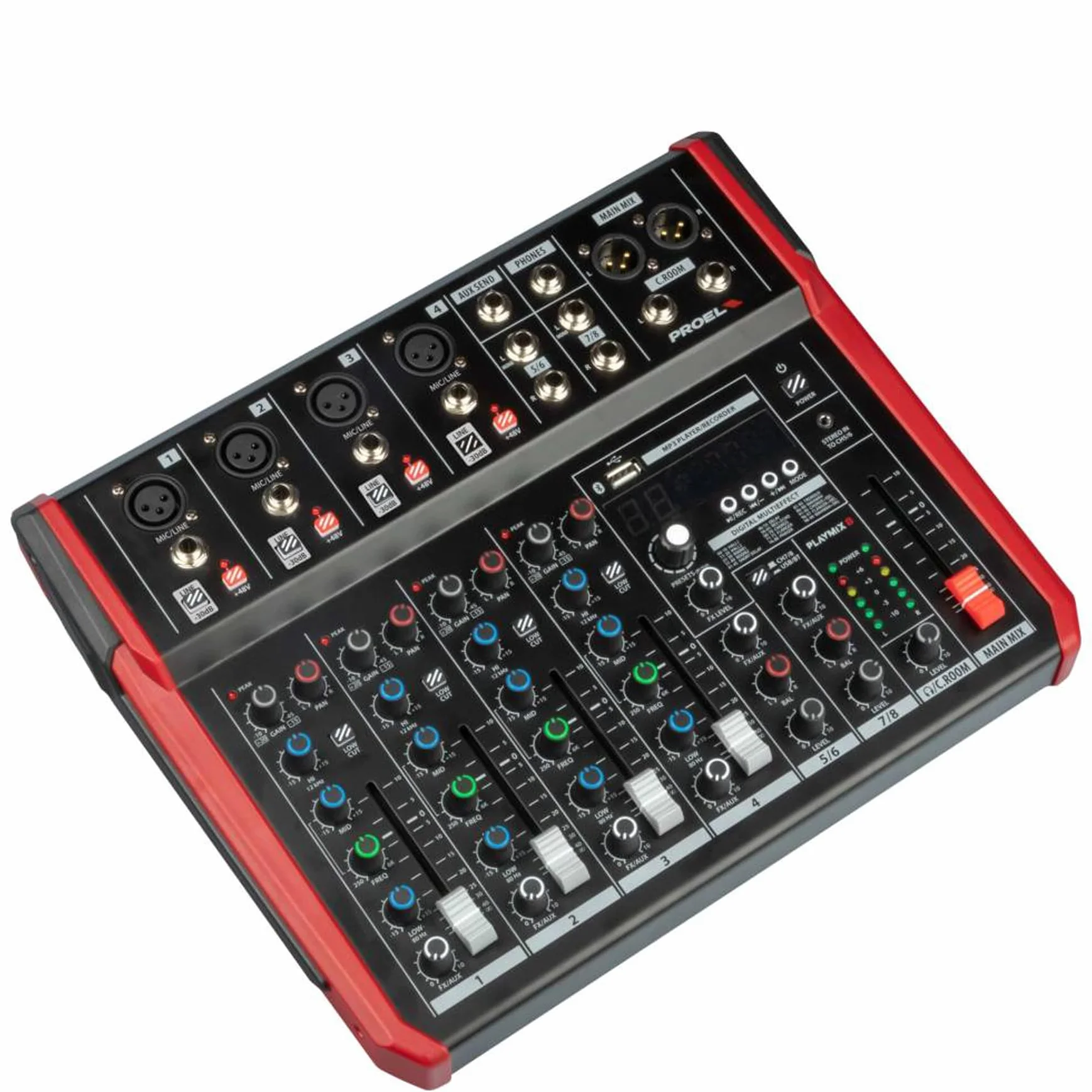 PROEL Proel PLAYMIX8 - Mixer audio a 8 ingressi con modulo bluetooth, lettore MP3 e Registrazione stereo su USB, Nero rifiniture in Rosso