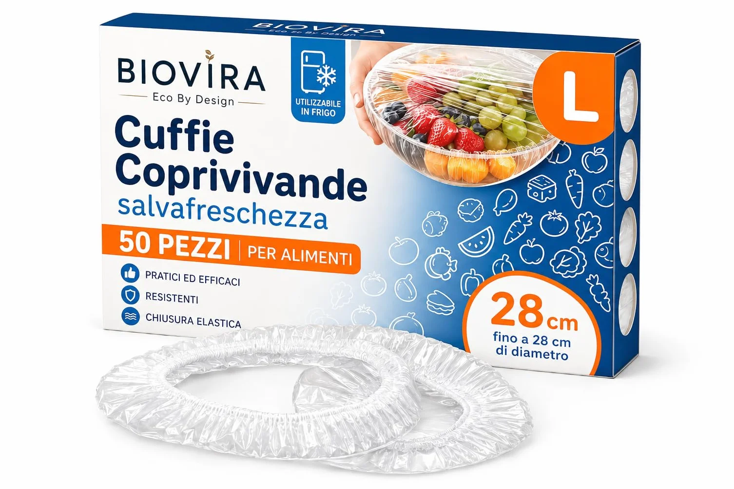 BIOVIRA Cuffie Coprivivande 50 Pezzi Taglia L fino a 28 cm, Copri Alimenti Elasticizzati Salvafreschezza per Piatti, Ciotole e Contenitori, Coperchi Trasparenti con Chiusura Elastica