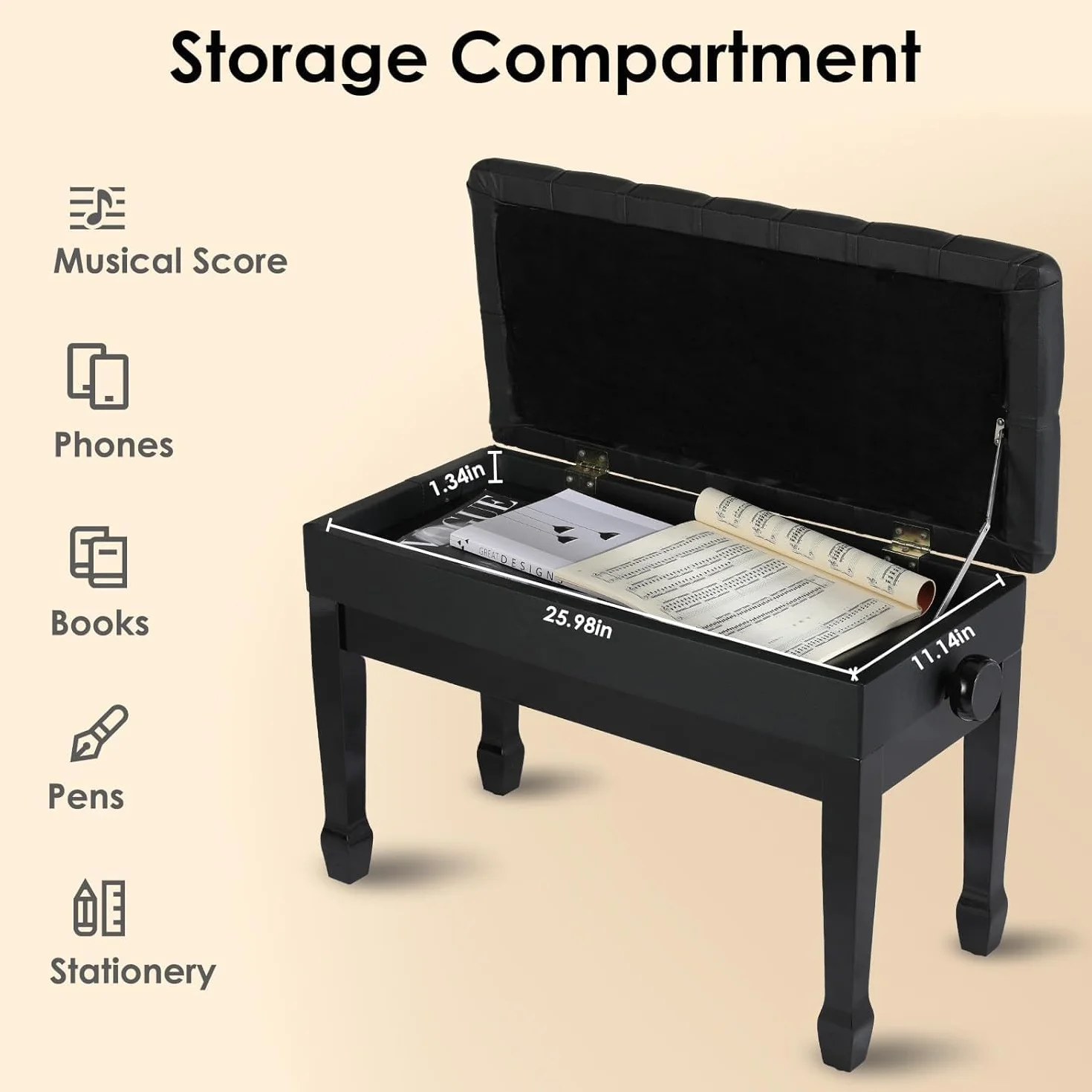 LIFERUN Sgabello per Pianoforte Regolabile 50-58 cm, Panca Pianoforte con Vano Portaoggetti, Sgabello Pianoforte per Duetto in Pelle PU Ispessita con Gambe Curve in Legno, Nero