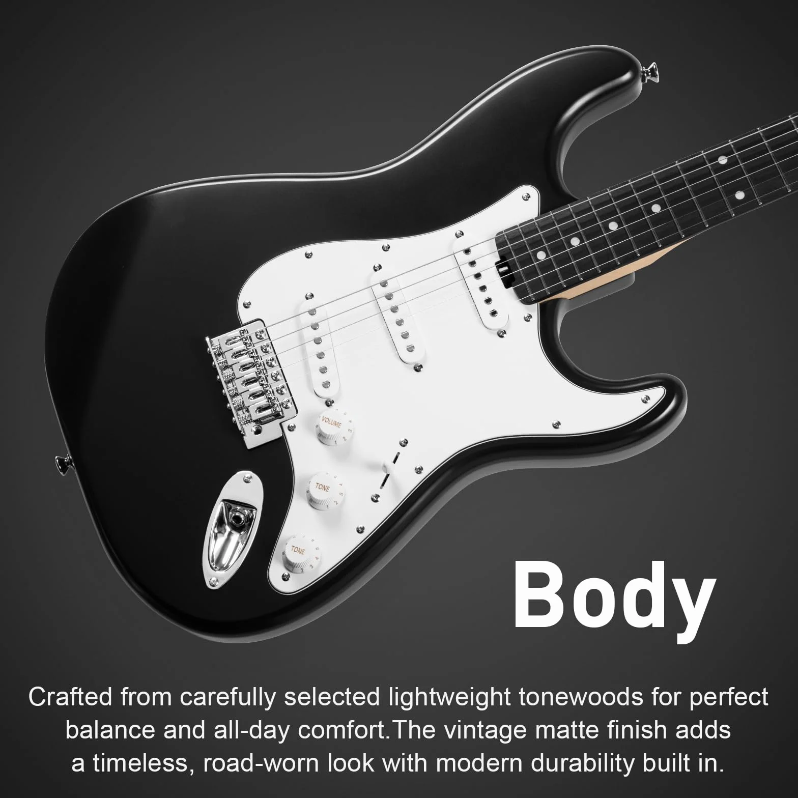 SONICAKE Chitarra Elettrica 39" Full-Size con Pickup Classici SSS, Corpo Leggero, Ponte Tremolo, Tasti Arrotondati e Truss Rod Regolabile QGT-10 (Nero)