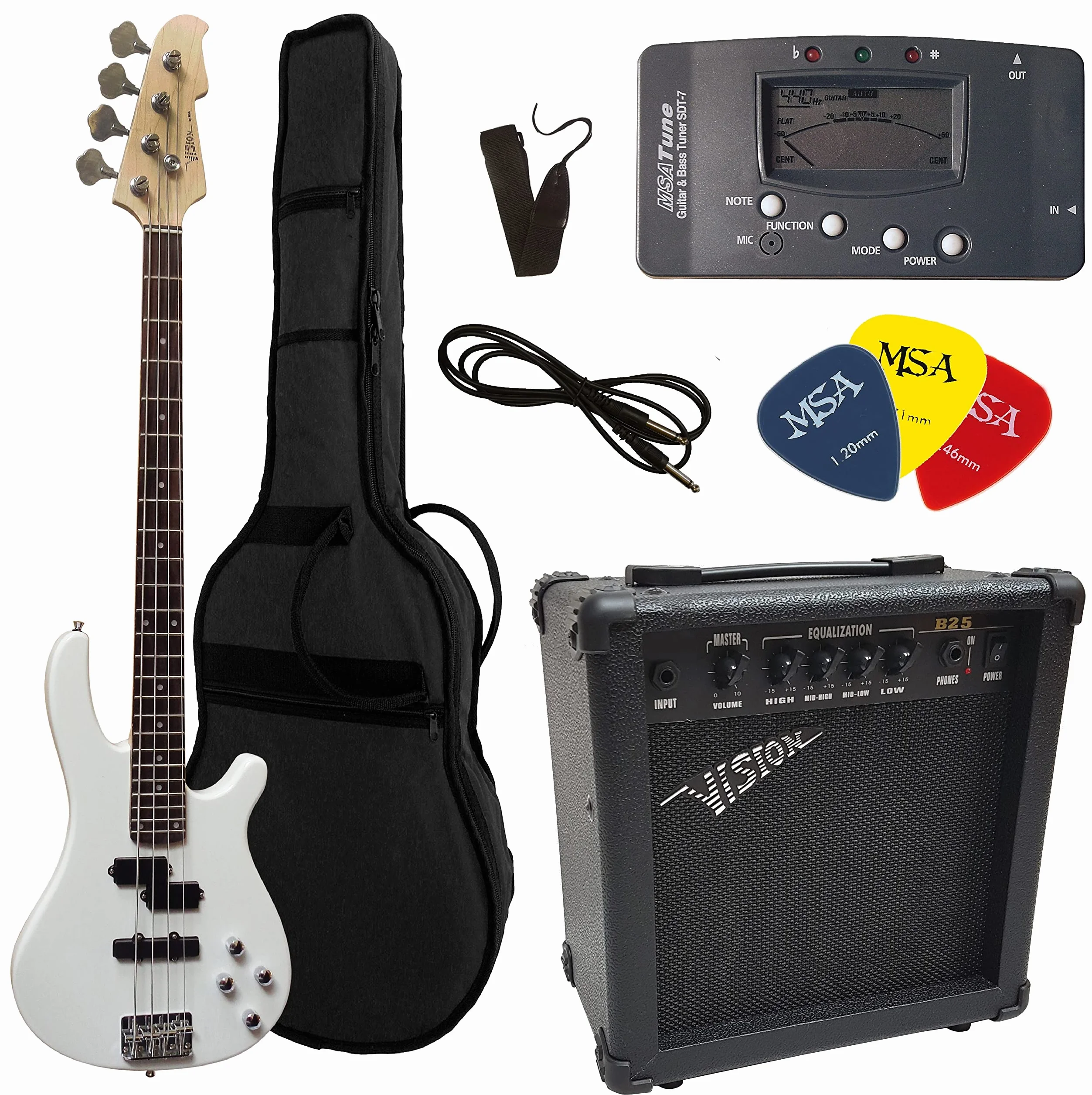 BASSO ELETTRICO BIANCO - BASSI ELETTRICA WHITE - SET ELLETRICHE CON AMPLIFICATORE DA 30WATT - BORSA - PLETTRO - CORDE - MSA musicinstrument