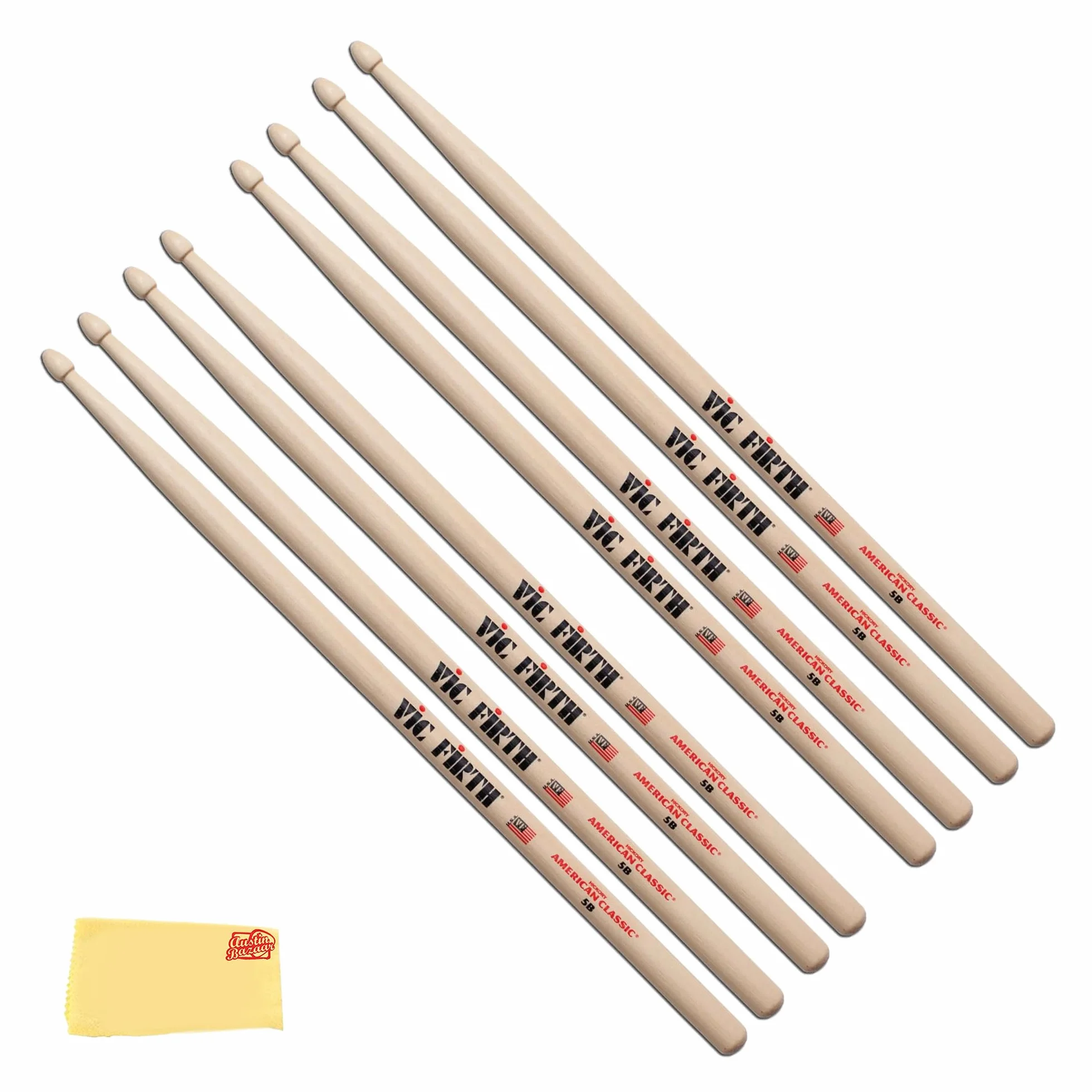 Vic Firth Bacchette per Batteria Serie American Classic 5B Hickory Americano Punta di Legno 4 x paia pacchetto di valore