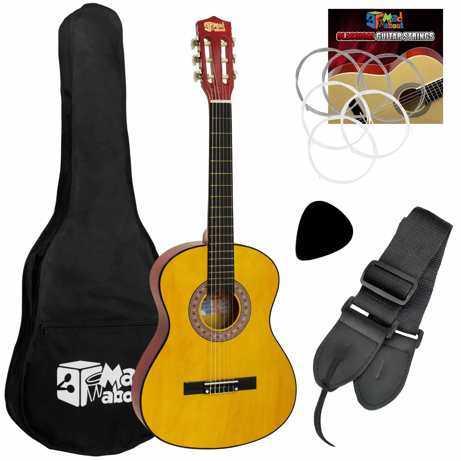 Mad About Pacchetto CLG1 chitarra mancina classica per bambini 1/2 misura – Chitarra spagnola mezza misura con borsa, corde di ricambio, tracolla e plettro, ideale per bambini dai 6 agli 8 anni