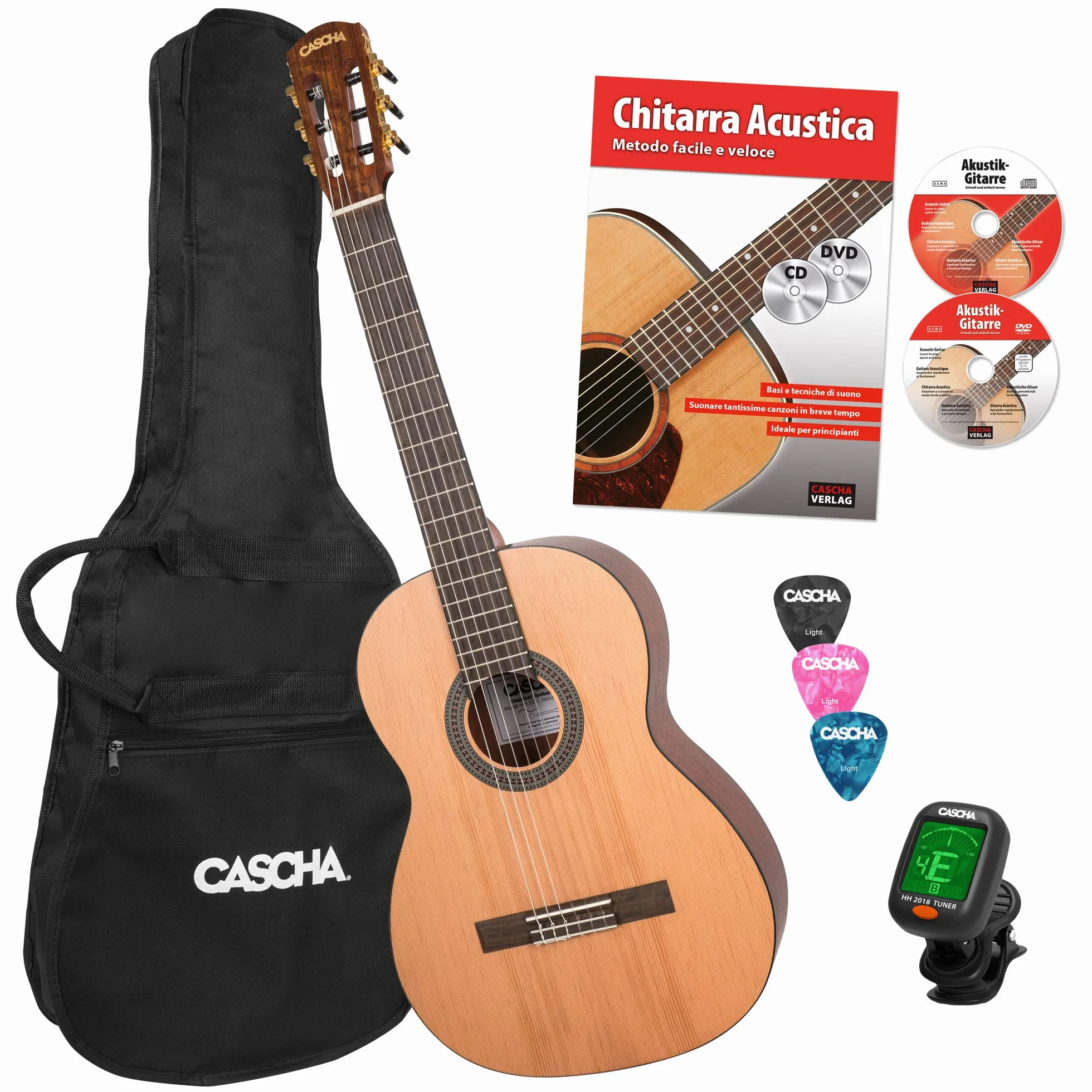 CASCHA 4/4 Classical Guitar Beginner Set per principianti, incluso libro di testo, accordatore, gigbag/borsa, 3 plettri, chitarra classica per bambini dai 10 anni per principianti