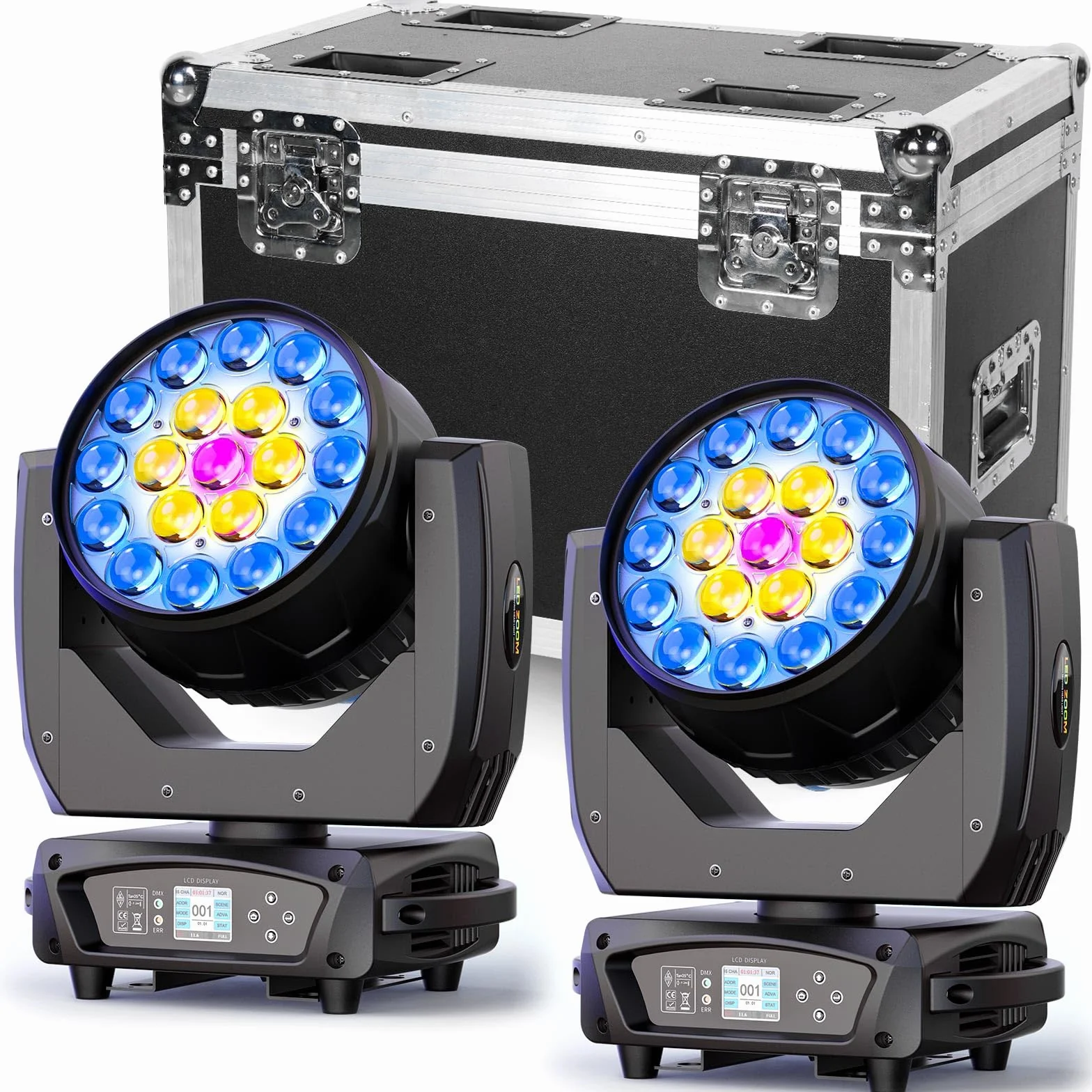 2 Pezzi con Flightcase 19x15W LED RGBW Teste Mobili, Wash Zoom 540°X/270°Y Rotazione d-mx512 Controllo Vocale Auto-Calibrazione per Palcoscenico Club Teatro Festa DJ