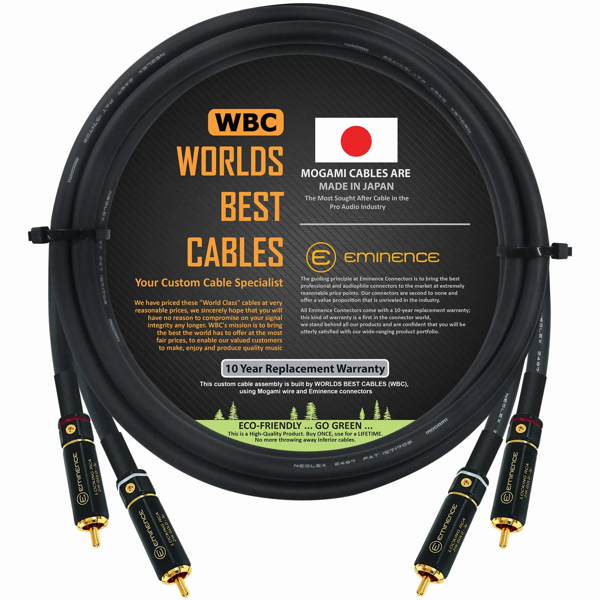 1,5 metri – Coppia di cavi di interconnessione audio ad alta definizione audiofili su misura da WORLDS BEST CAVI – utilizzando connettori RCA Mogami 2497 e Eminence Gold Lock