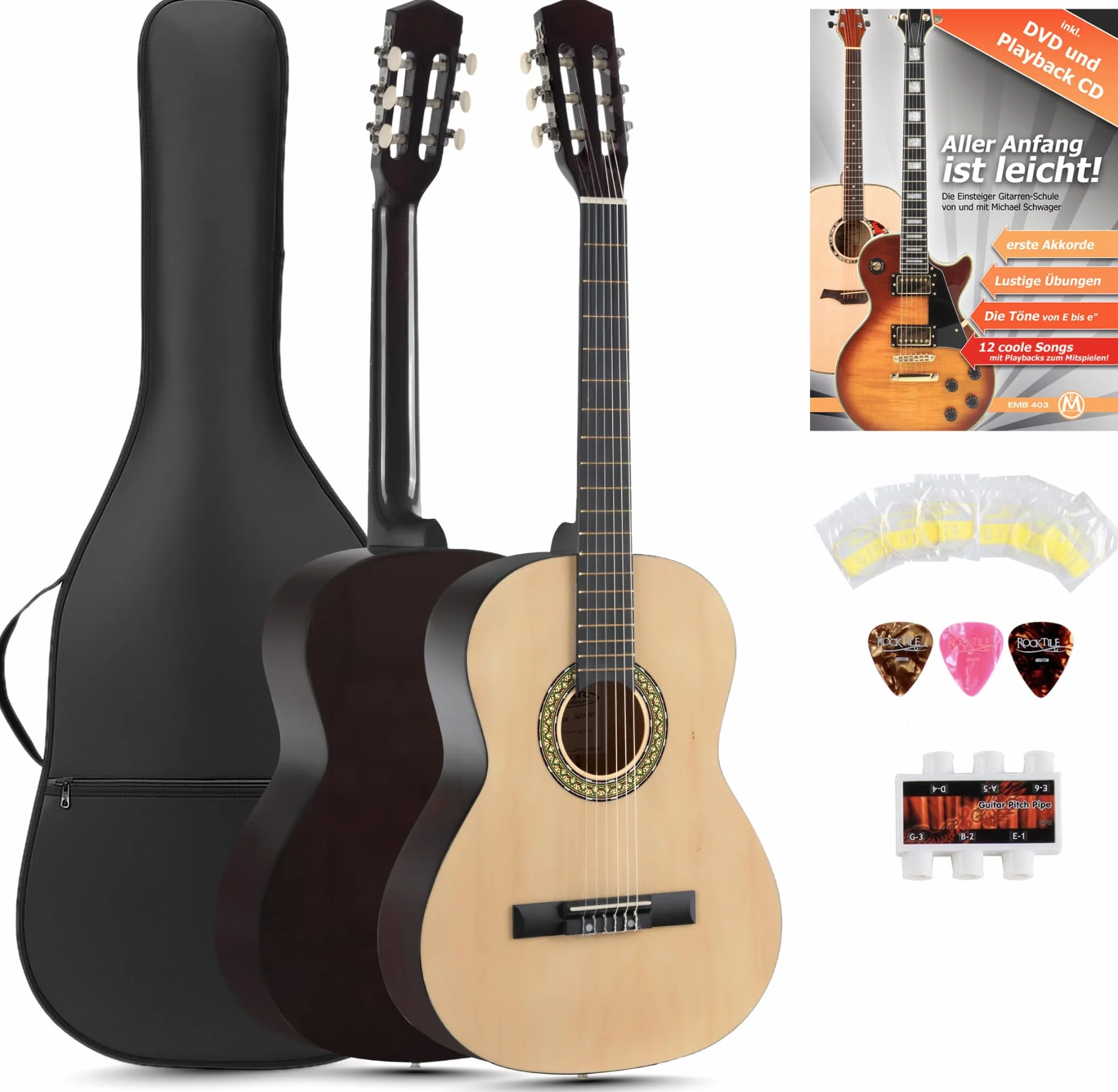 Classic Cantabile Acoustic Series AS-851-L Chitarra Classica 7/8 per Mancini Starter-SET (chitarra da concerto, borsa/custodia, scuola, CD, DVD, plettro, corde, diapason) naturale