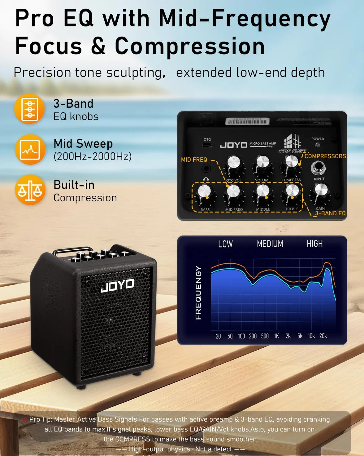 JOYO Altoparlante portatile da 30 W, con Bluetooth 5.1 + registrazione diretta OTG, EQ a 3 bande + compressore, esercizio di cuffie per bassisti, live streaming & solo (Vibe Cube BA-30, nero)