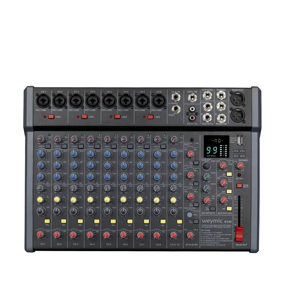 B140 Professional Mixer for Recording DJ Stage Karaoke Music Application w/ 99 DSP Effect USB Drive for Computer Recording Input, XLR Microphone Jack, 48V Power for Professional (14-Channel)
