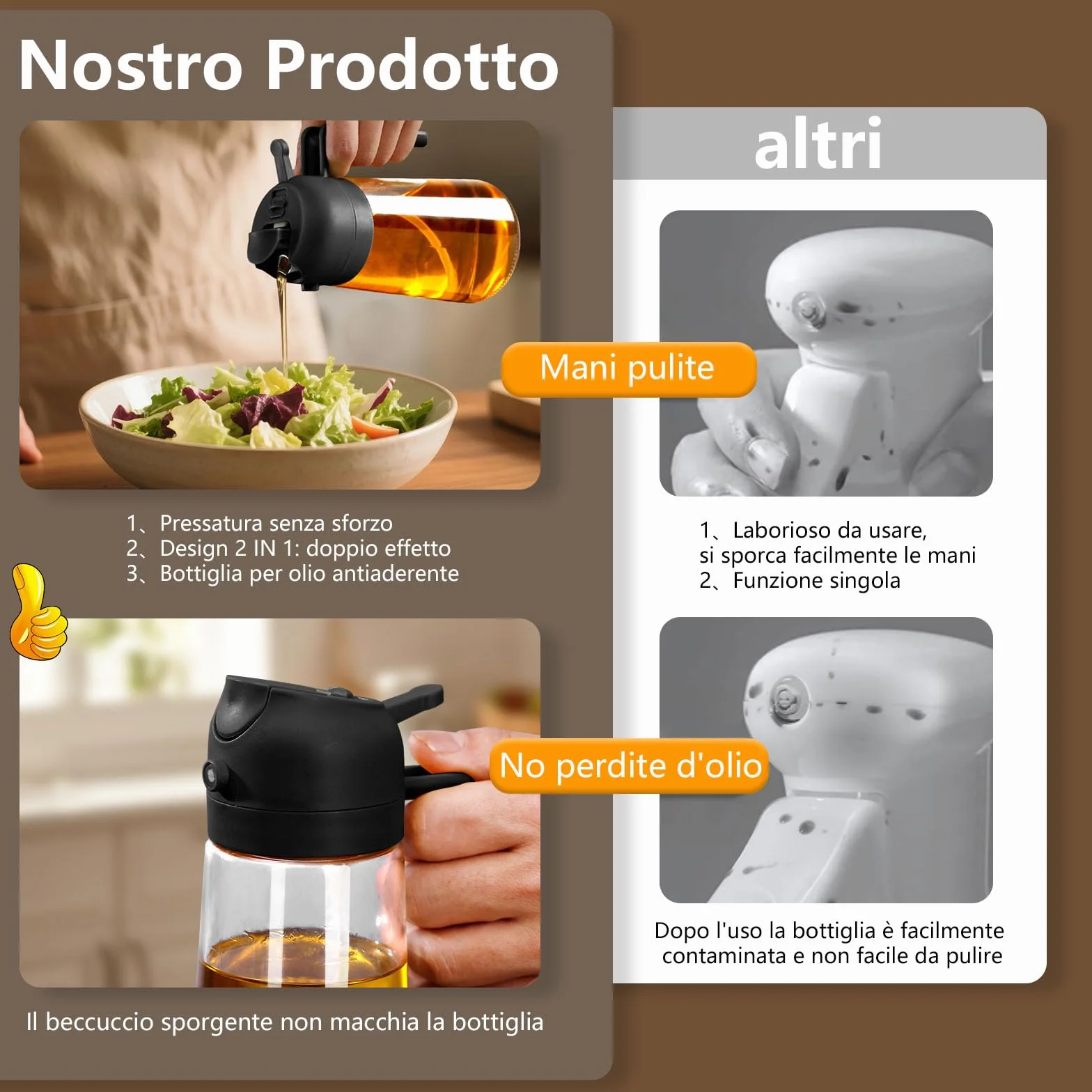 SWEET VIEW 2 in 1 Spruzzatore Olio e Dosatore Olio, 470ml Bottiglia Olio d'Oliva Vetro per Cucina, Insalata, Barbecue (Nero)
