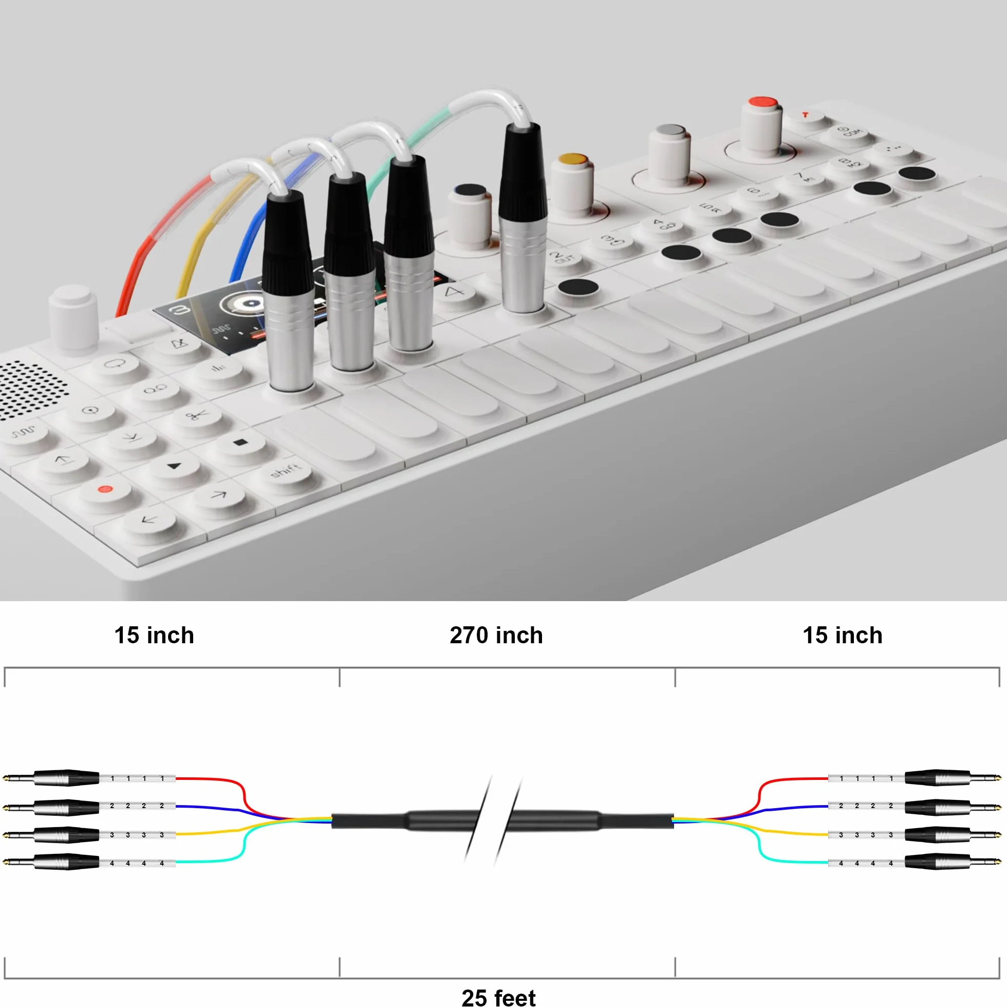 PRORECK Cavo a serpente da 7,6 m, cavo audio schermato a 4 canali, TRS da 1/4" a TRS da 6,35 mm, con connettori contrassegnati a colori per palcoscenico professionale, studio e live (PR-TRS/TRS-4 x