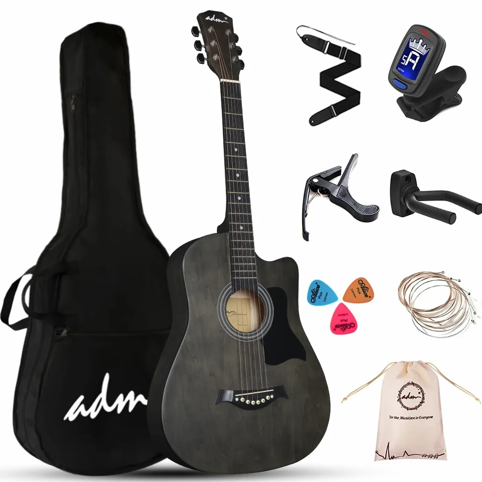 ADM Chitarra acustica da 38" per principianti, chitarra folk blu per bambini, studenti, adulti (corde in acciaio) nero