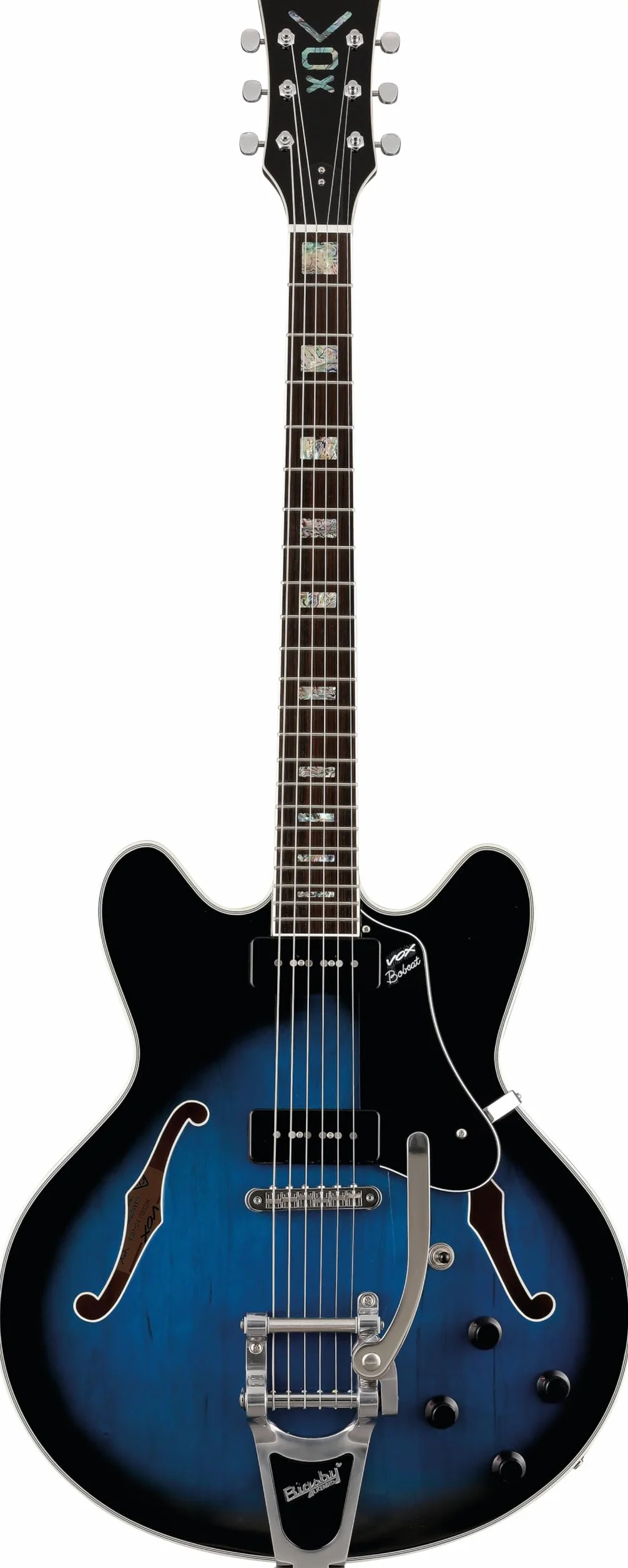 VOX - BOBCAT V90B BIGSBY SAPPHIRE BLUE, Chitarra Elettrica Semi-hollow, Corpo in Acero, Blocco Centrale in Abete Alleggerito, Manico in Mogano, Tastiera in Ebano Indonesiano, Colore Blu