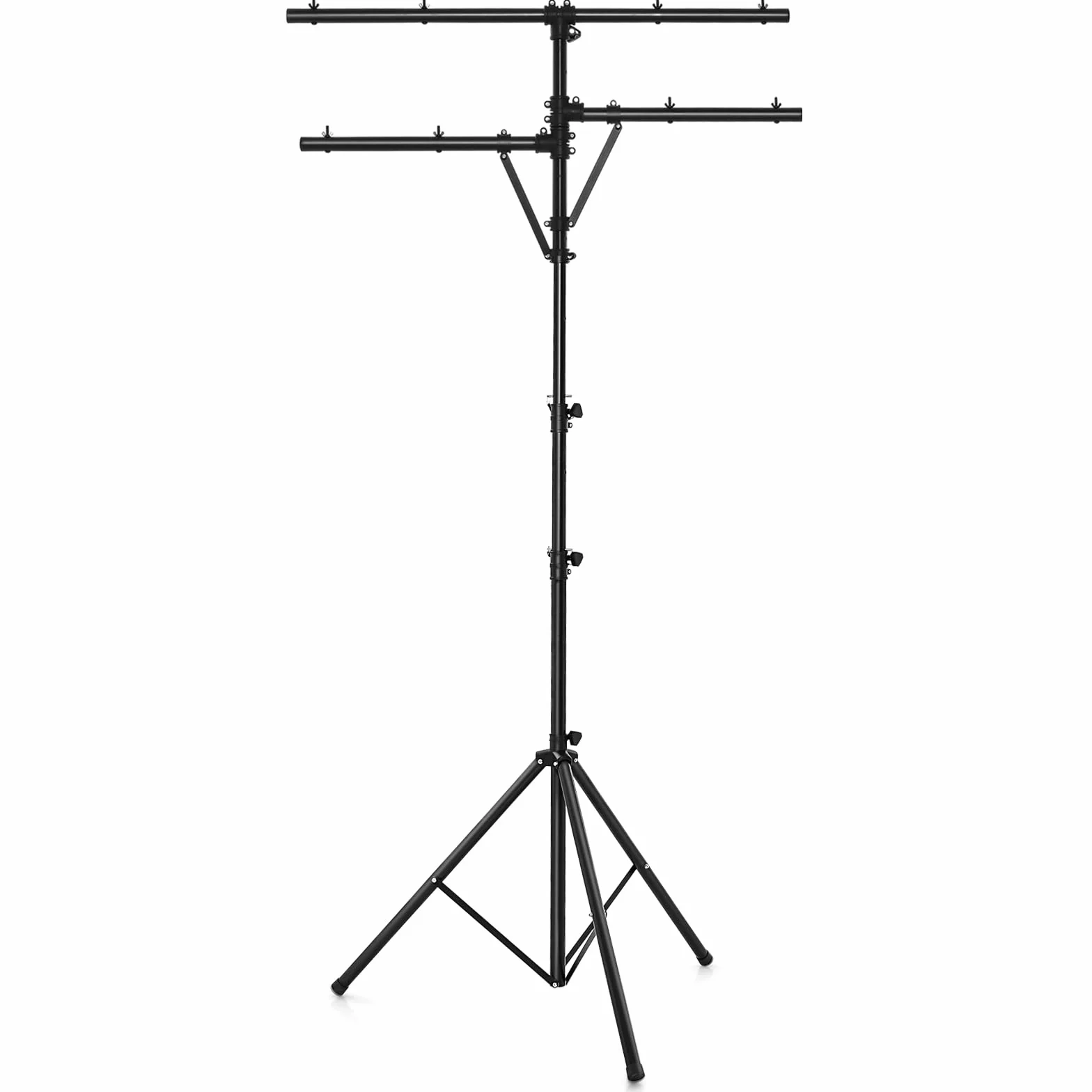 GYMAX Supporto Luci, con Traversa e Base a Tre Gambe, Fino a 8 Luci, Design Regolabile in Altezza, Materiale in Acciaio, 186-351 cm, Nero
