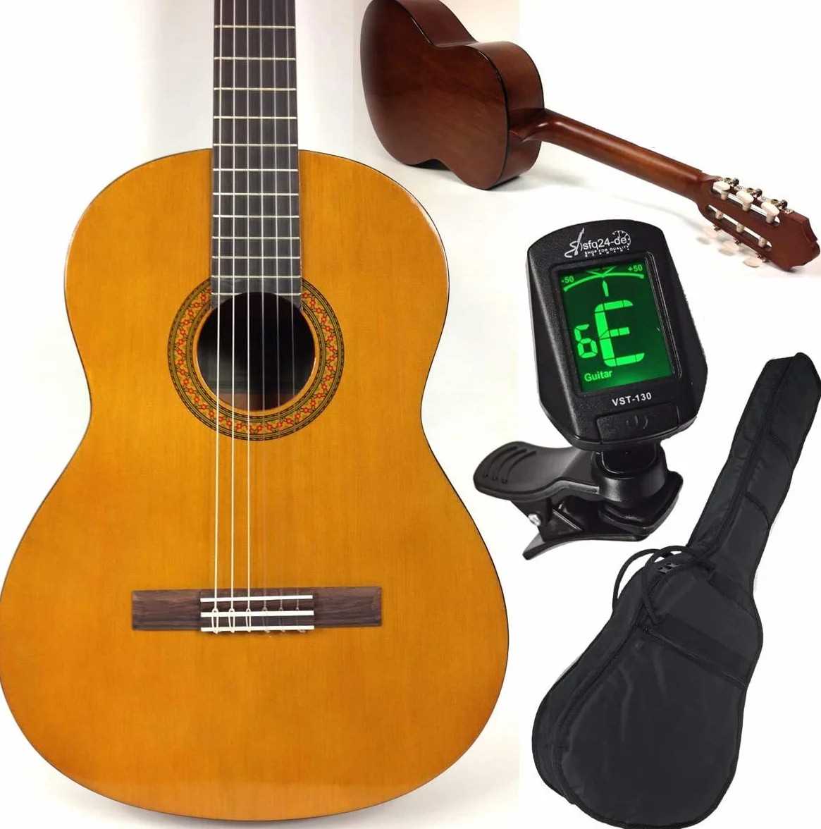 Yamaha C40 - Set per principianti con chitarra classica da concerto, accordatore sfq24 con schermo LED, custodia, tracolla e 3 plettri, set completo, ideale per principianti