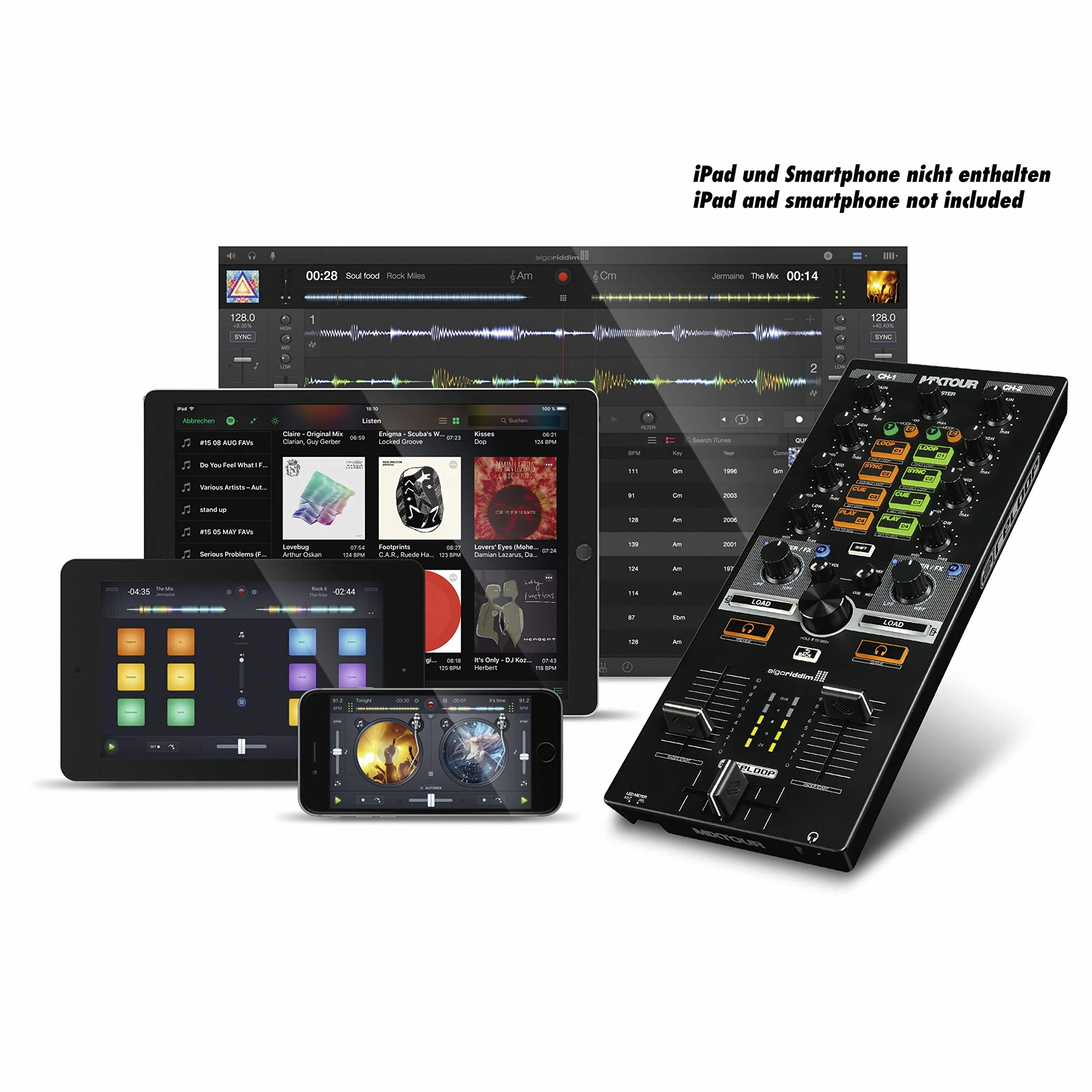 Reloop Mixtour - Controller DJ USB portatile all-in-one con interfaccia audio integrata e EQ a 3 bande, compatibilità MIDI e integrazione di servizi di streaming (per Algoriddim djay, (nero)