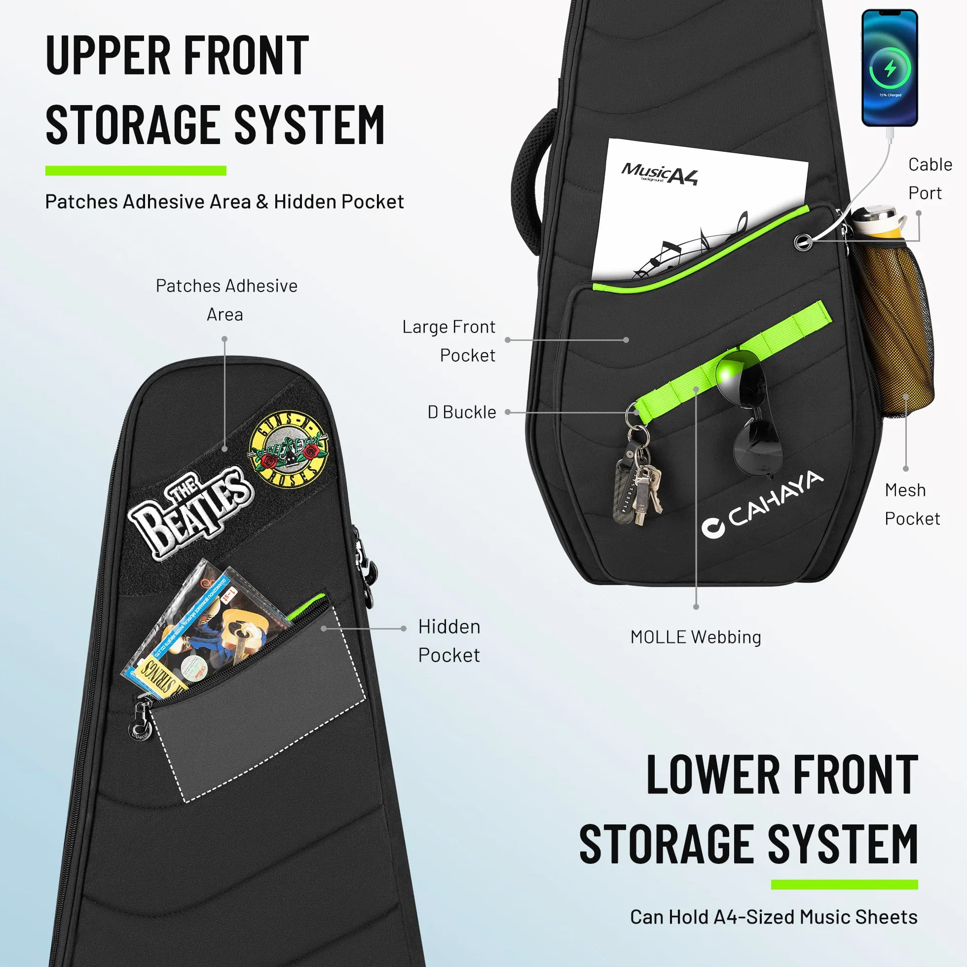 CAHAYA Custodia Imbottita per Chitarra Elettrica: Softshell, Adatta per chitarre ST/LP/TELE, spessore di 12 mm, con tasche anteriori, posteriori e laterali, design alla moda ispirato all'outdoor