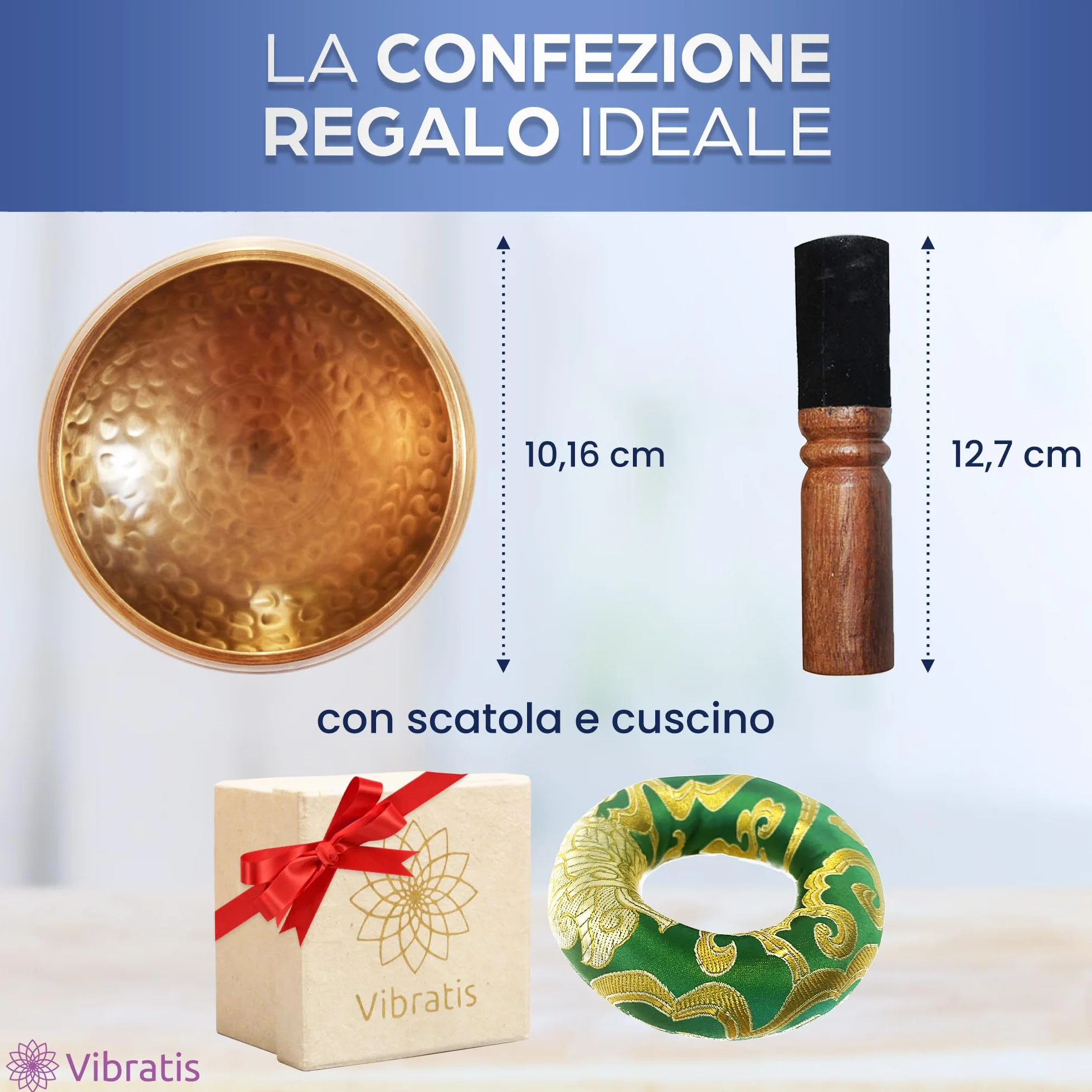 Campana Tibetana Artigianale + ebook - Fatta a Mano in Nepal - Cuscino, Mazzuolo di Legno, Scatola di Lokta - Meditazione - Rilassamento - Guarigione - Regalo Perfetto - Soddisfatti o Rimborsati Oro