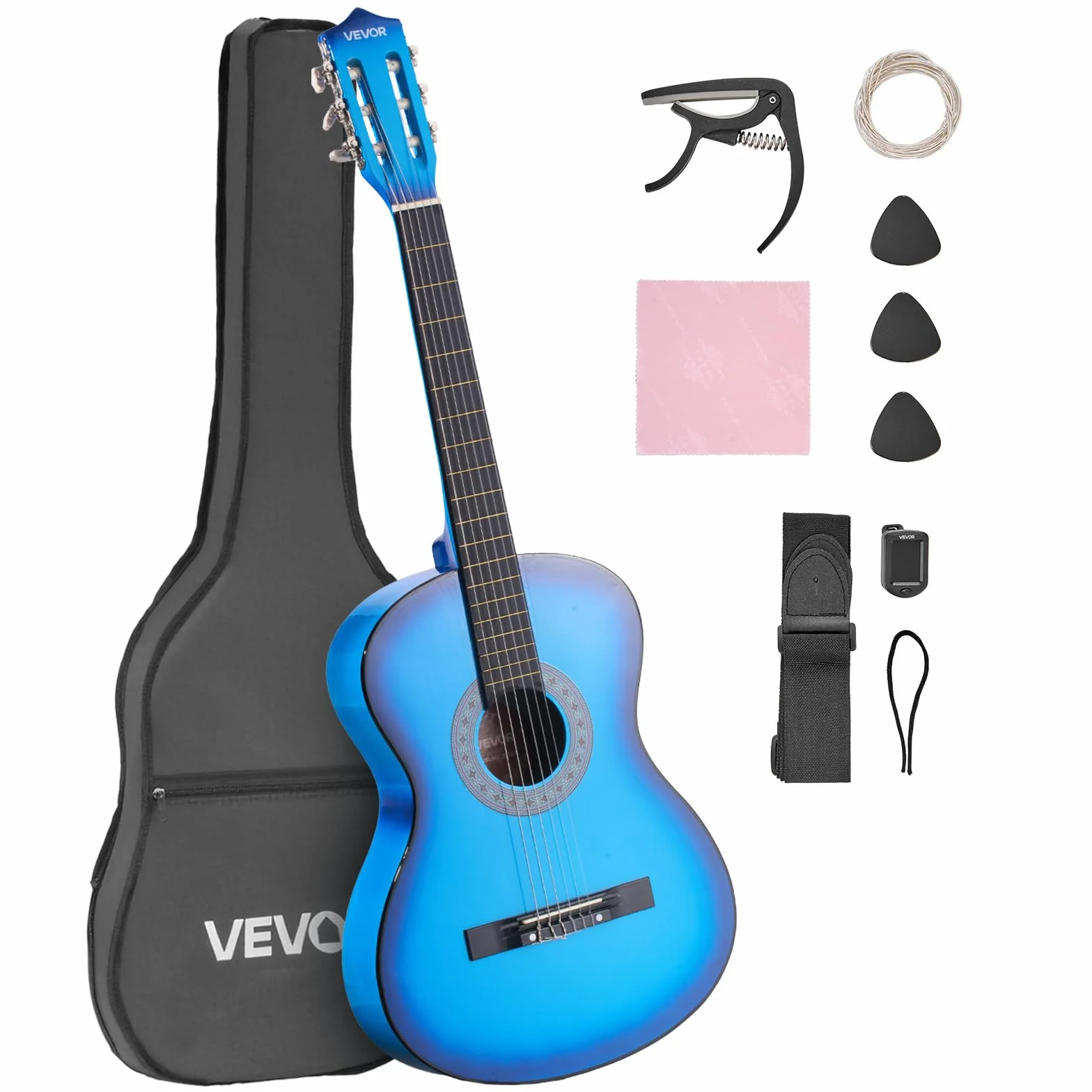 VEVOR Chitarra Classica, 960 mm, in Legno per Principianti, con Corde in Nylon, Custodia Morbida, Tracolla, Accordatore, Corde Extra, Plettri, Capotasto, Tiglio, per Adolescenti, Adulti, Blu