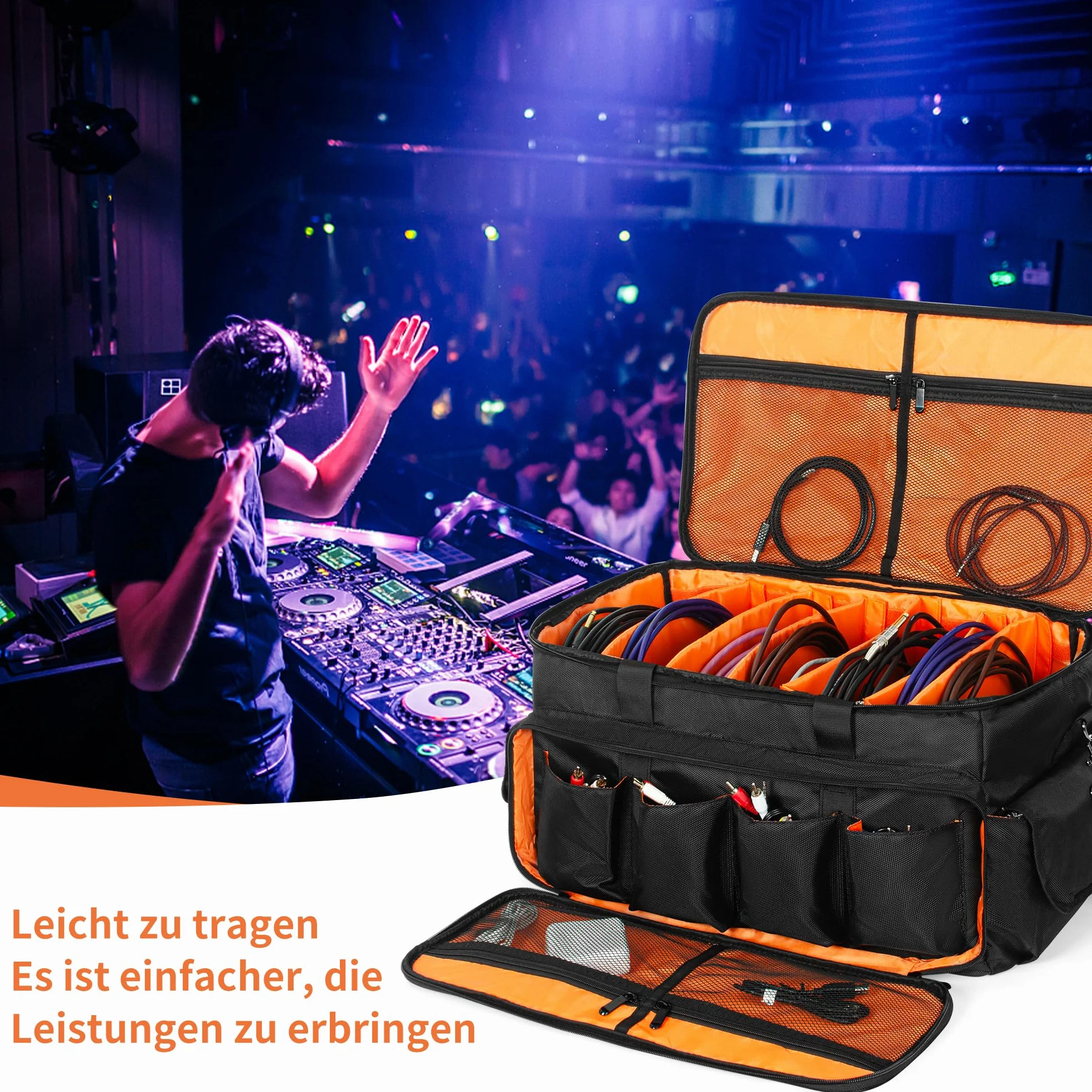OUUTMEE Borsa per DJ, borsa portacavi, per attrezzatura musicale, 50 x 30 x 30 cm, fondo imbottito rimovibile e divisori, per attrezzatura DJ professionale, strumenti musicali e accessori
