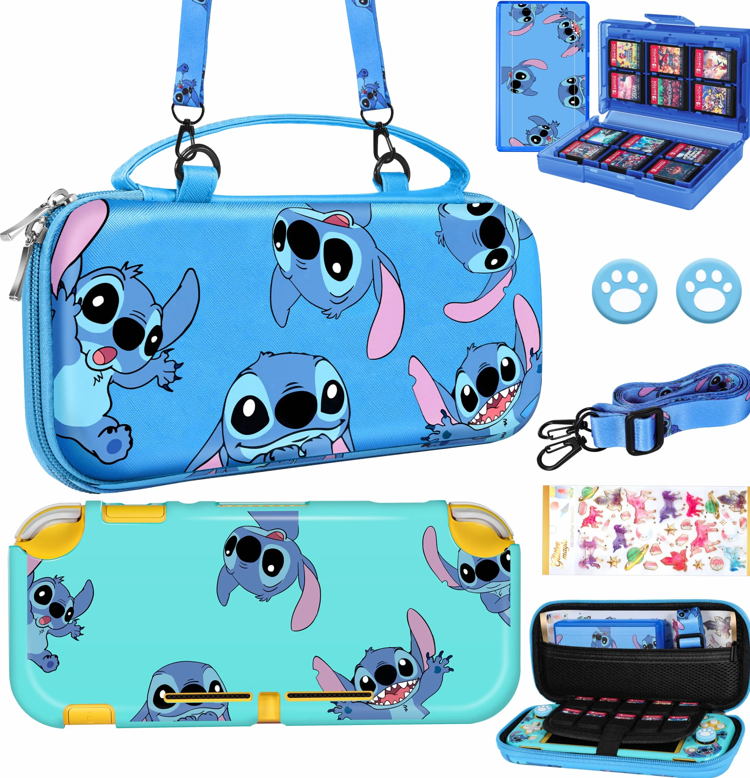 Koecya for Nintendo Switch Lite 7 in 1 Storage Accessories Kit with Travel Carrying Case+Switch Lite Protective Cover+Game Case Holder+Strap+Sticker+2 Thumb Caps Cute Shell for Boys Kids Girls -Stit