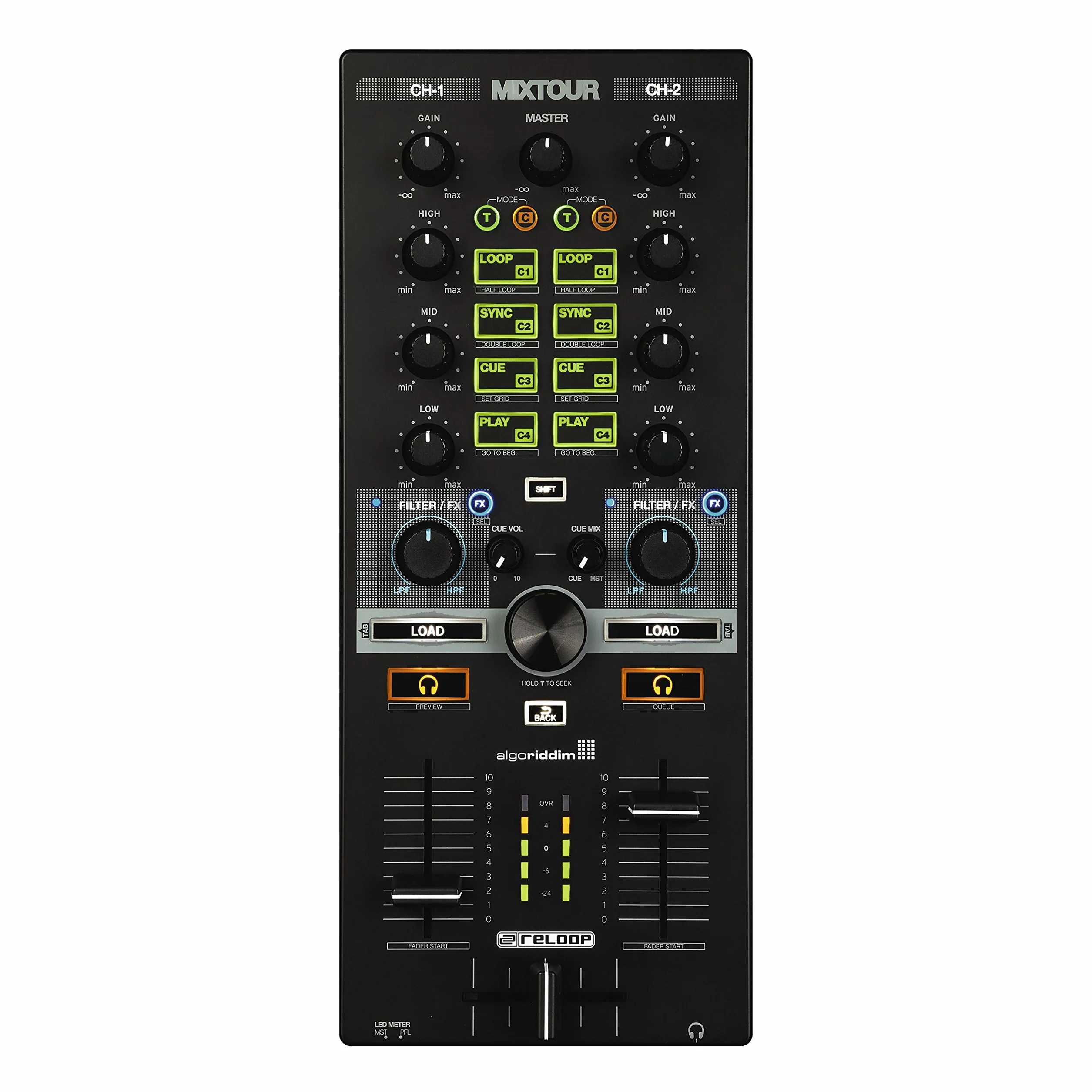 Reloop Mixtour - Controller DJ USB portatile all-in-one con interfaccia audio integrata e EQ a 3 bande, compatibilità MIDI e integrazione di servizi di streaming (per Algoriddim djay, (nero)
