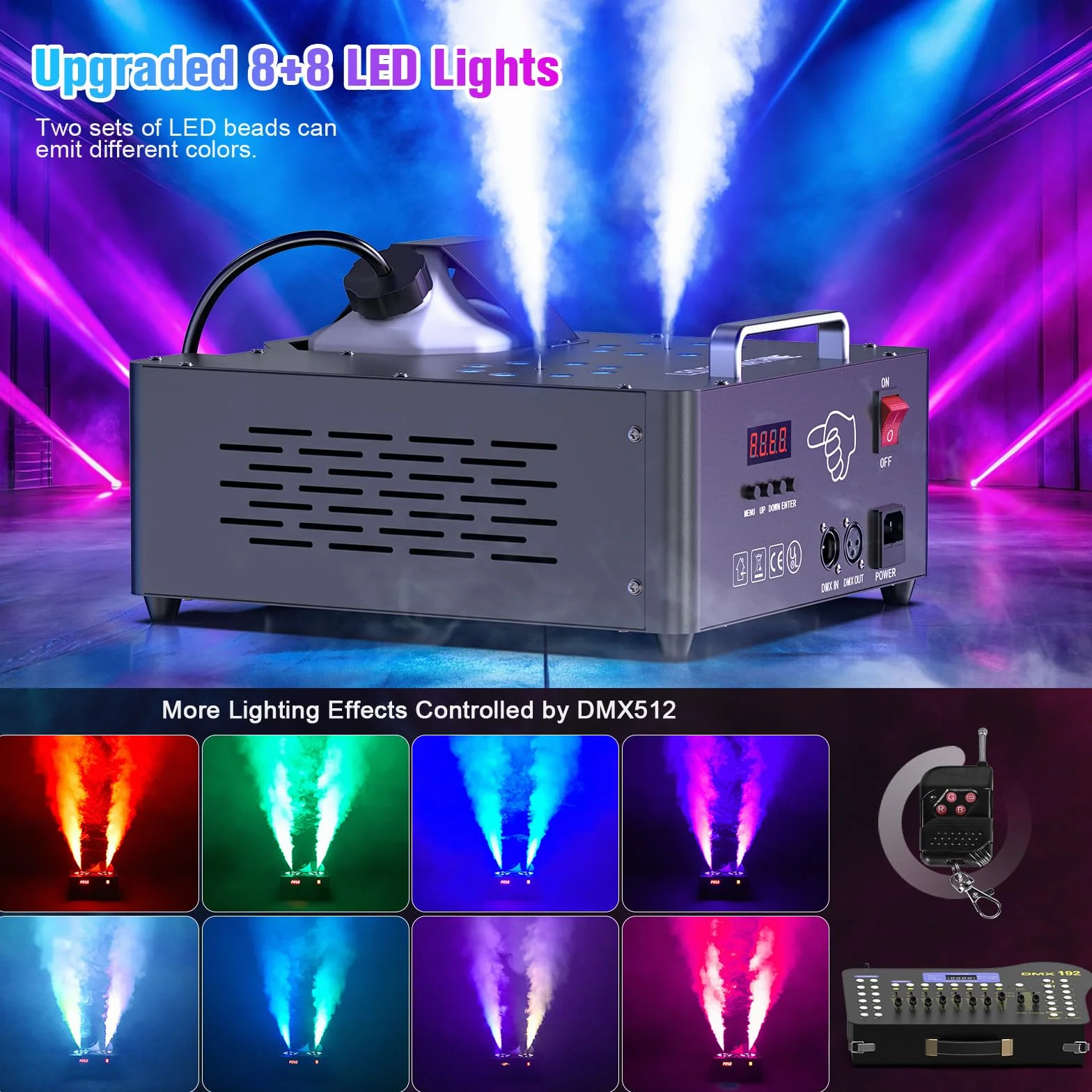 2000W Macchina del Fumo con 8+8 RGB Luci LED e Telecomando Wireless, Macchina Fumo Discoteca Fog Machine con Controllo d-mx512 per Halloween DJ Feste Nozze Natale e Effetti su Palco