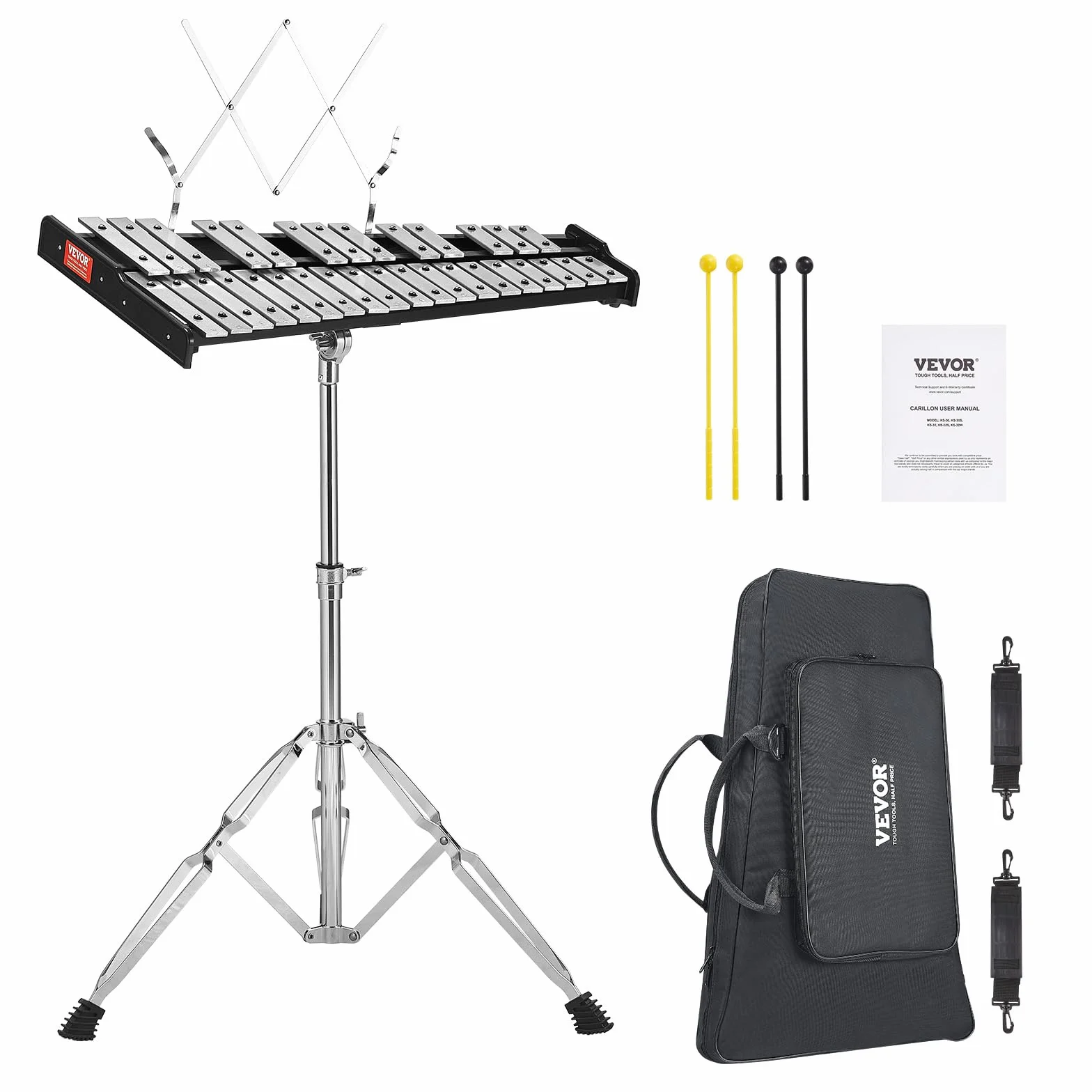 VEVOR Kit Campana Xilofono Glockenspiel a 32 Note, Set di Strumenti a Percussione Professionale con Mazze, Bacchette, Leggio, Supporto Regolabile e Borsa per il Trasporto per Studenti e Adulti