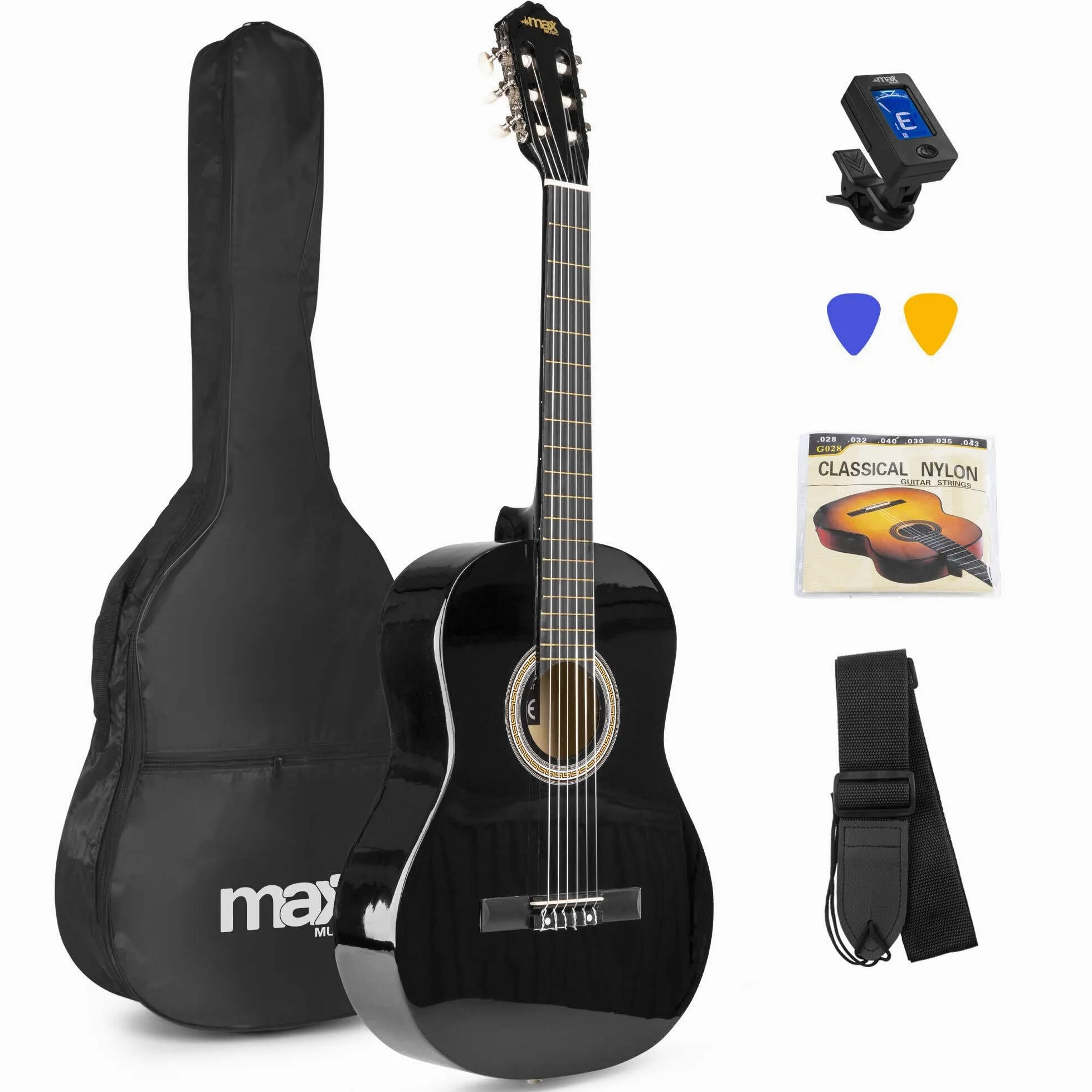 Max SoloArt Chitarra Classica per Adulti Principianti Nero Corde in Nylon con Accordatore Digitale Borsa e Plettri