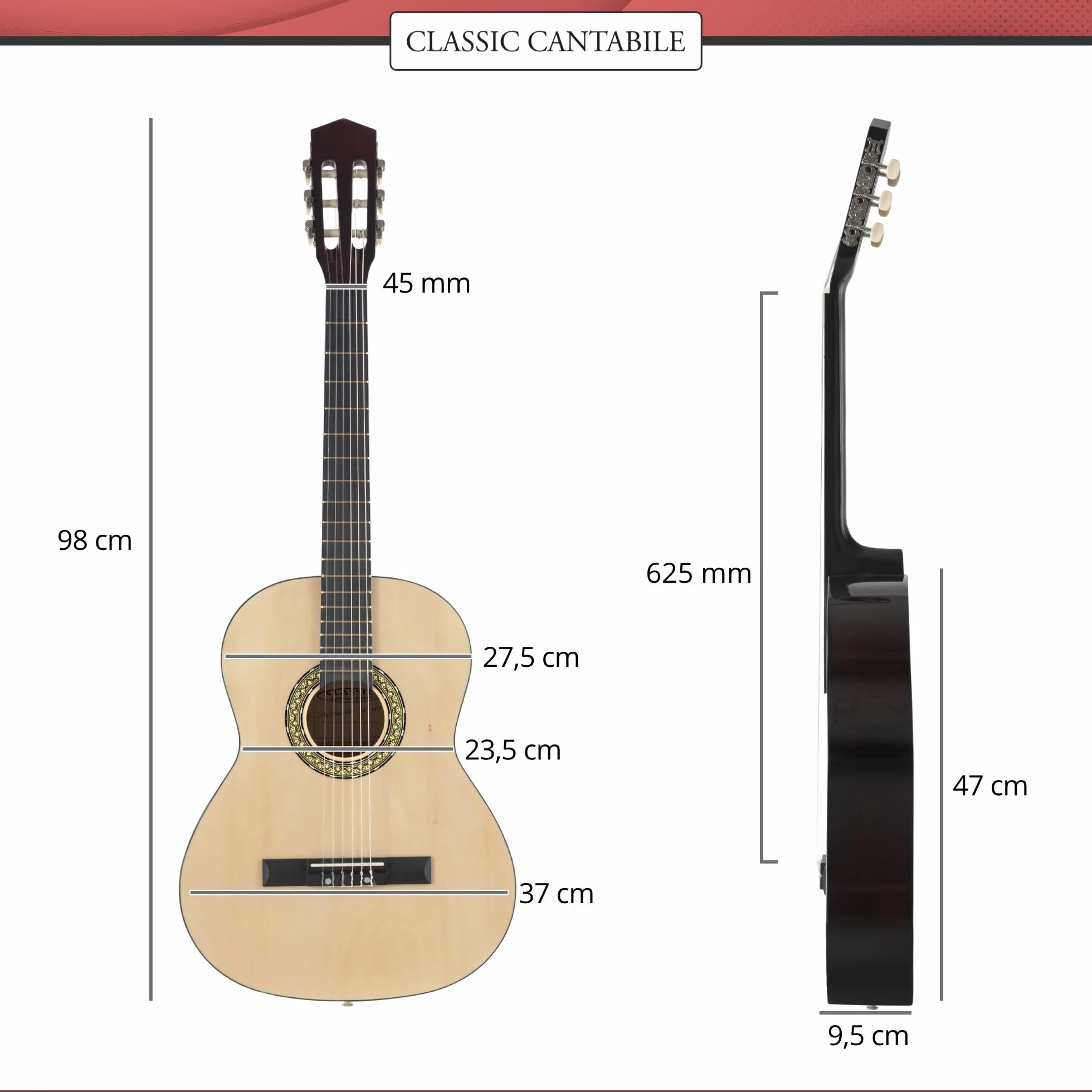 Classic Cantabile Acoustic Series AS-851-L Chitarra Classica 7/8 per Mancini Starter-SET (chitarra da concerto, borsa/custodia, scuola, CD, DVD, plettro, corde, diapason) naturale