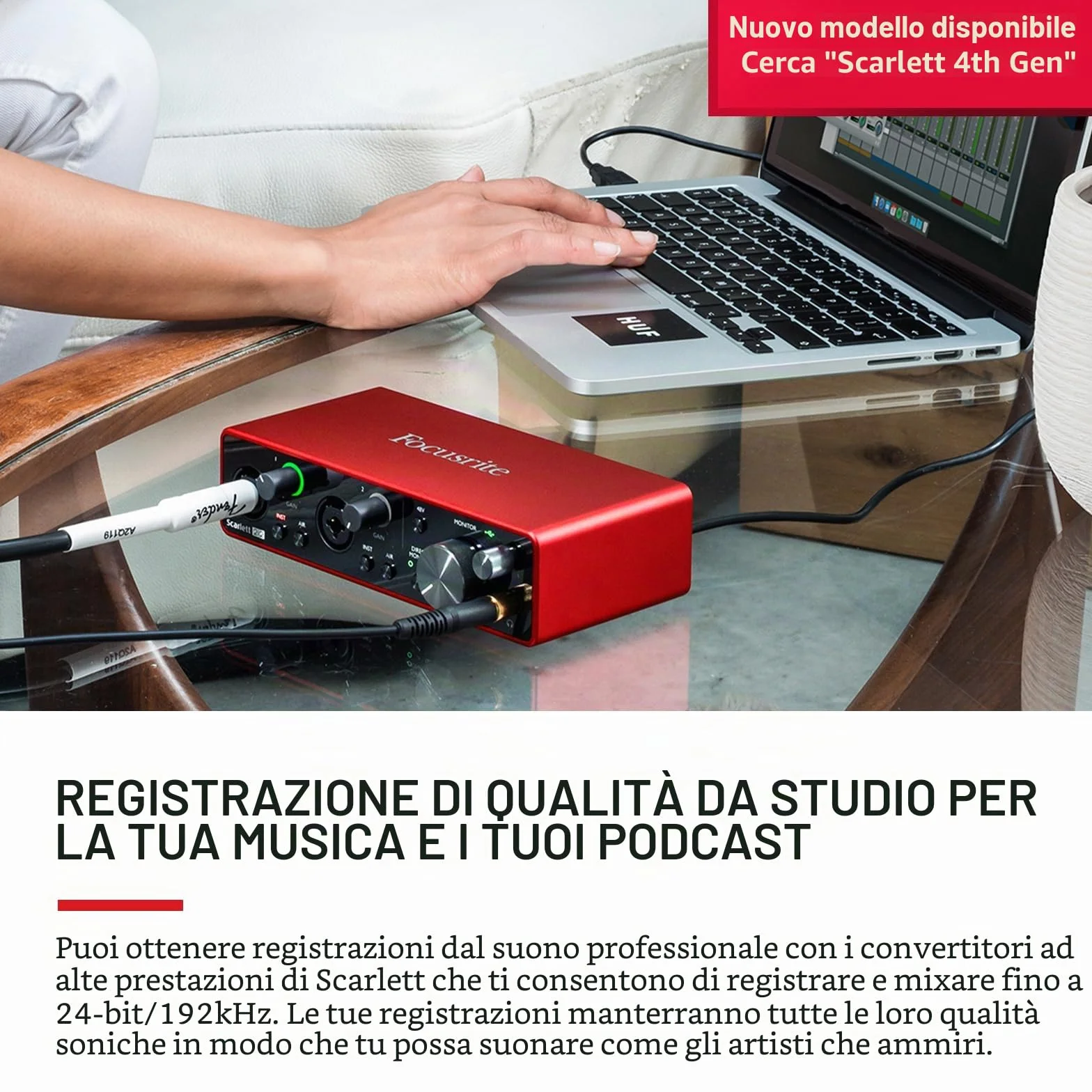 Focusrite Interfaccia audio USB Scarlett 2i2 per creare brani — registrazioni ad alta fedeltà in qualità studio