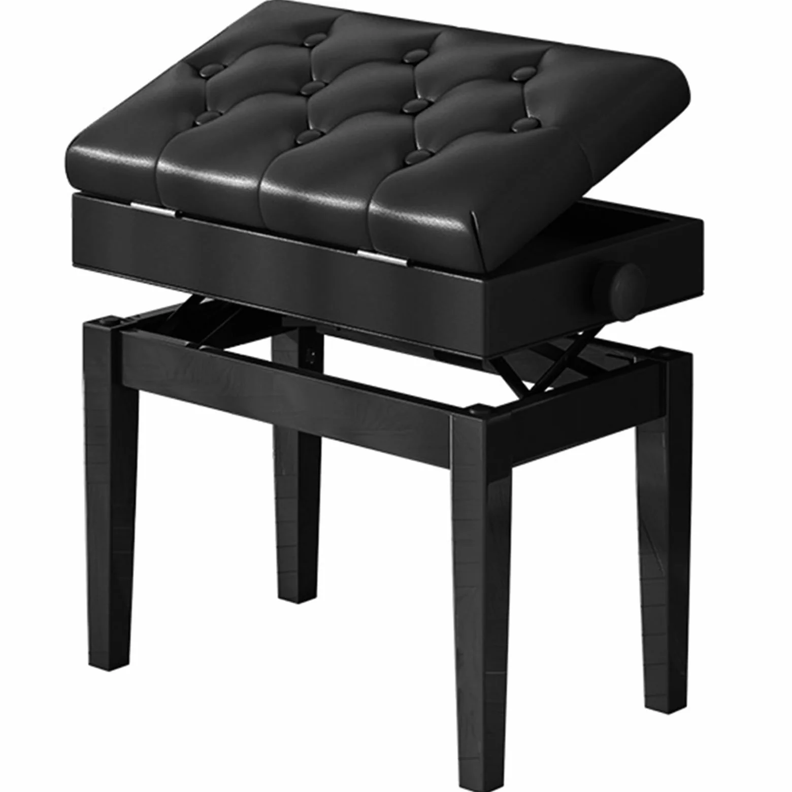 Sgabello per pianoforte, con cuscino in pelle PU, 10 bottoni, colore nero, altezza regolabile, in legno massiccio con vano portaoggetti, sgabello retrò, spogliatoio
