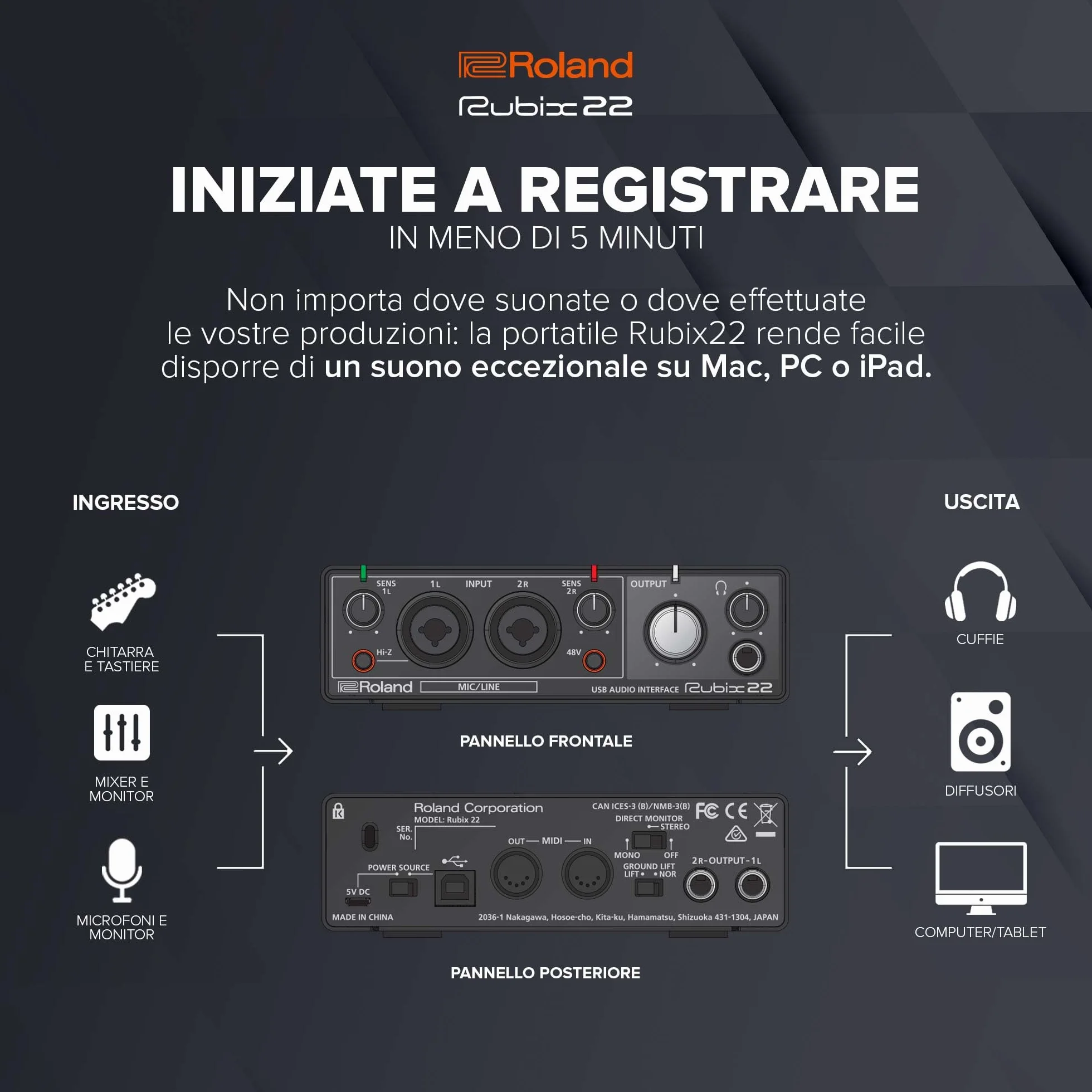 Interfaccia audio USB Roland Rubix22 2-In/2-Out | Audio ad alta risoluzione | Registrate con microfoni, chitarre, tastiere e altro | Costruzione compatta e durevole | Compatibile con Mac, PC e iPad