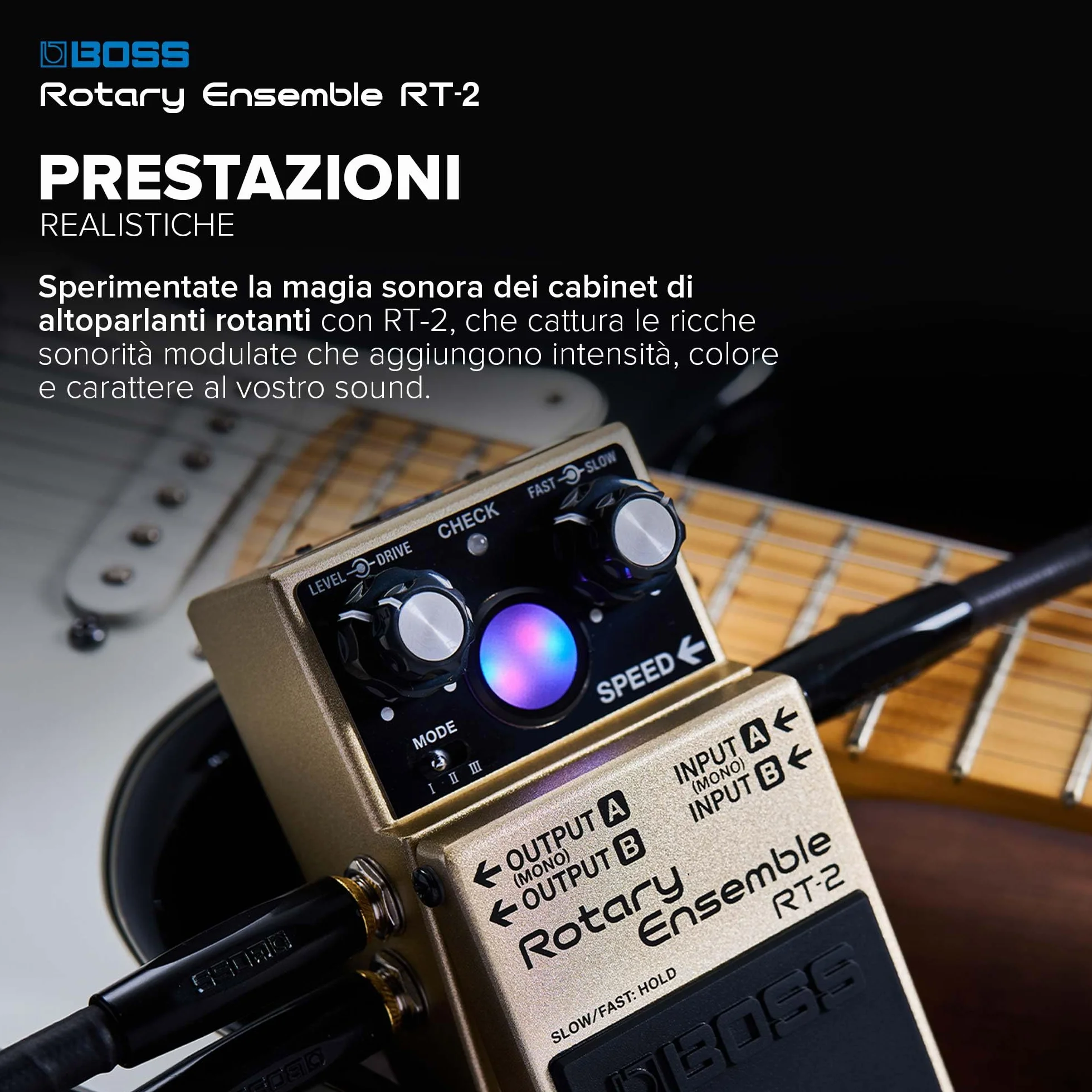 BOSS RT-2 | Pedale Compatto Rotary Ensemble | I veri suoni di altoparlante rotante | Dedicato alla chitarra e alle tastiere | 3 modalità versatili | Vari effetti di modulazione in uno