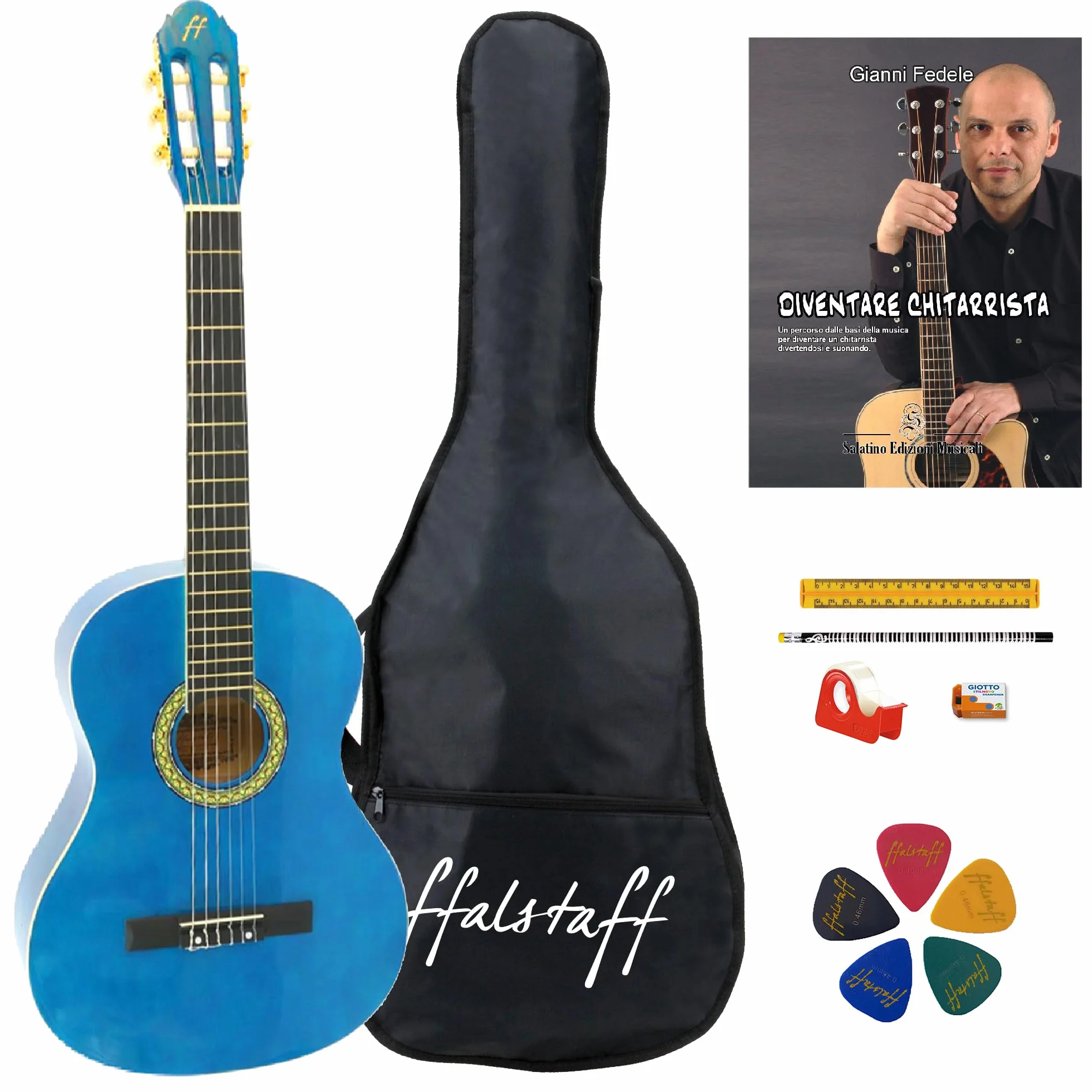 Chitarra Classica 4/4 Accademy ffalstaff ® con Borsa, Libro, 5 Plettri e Kit Cancelleria (Dim. 99 cm, Colore Blu)