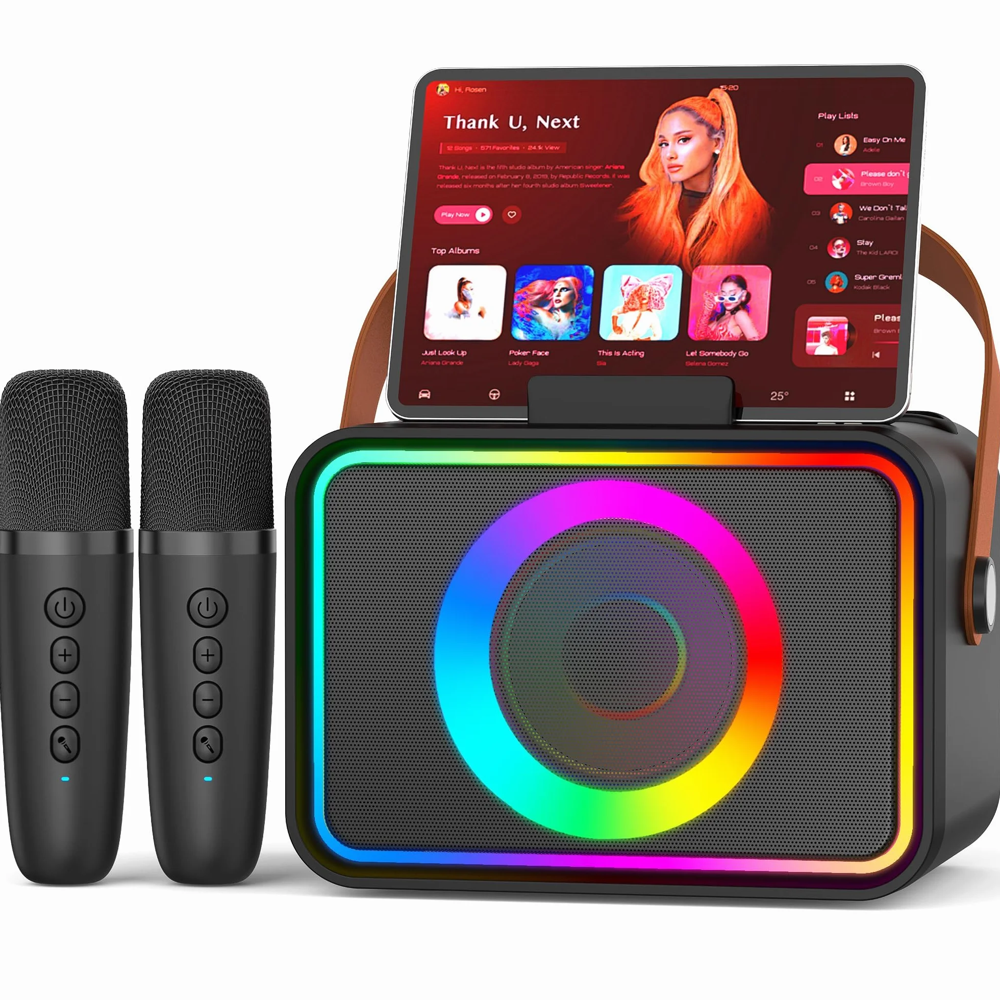 Altoparlante Bluetooth portatile karaoke con 2 microfoni wireless e luci LED, viola