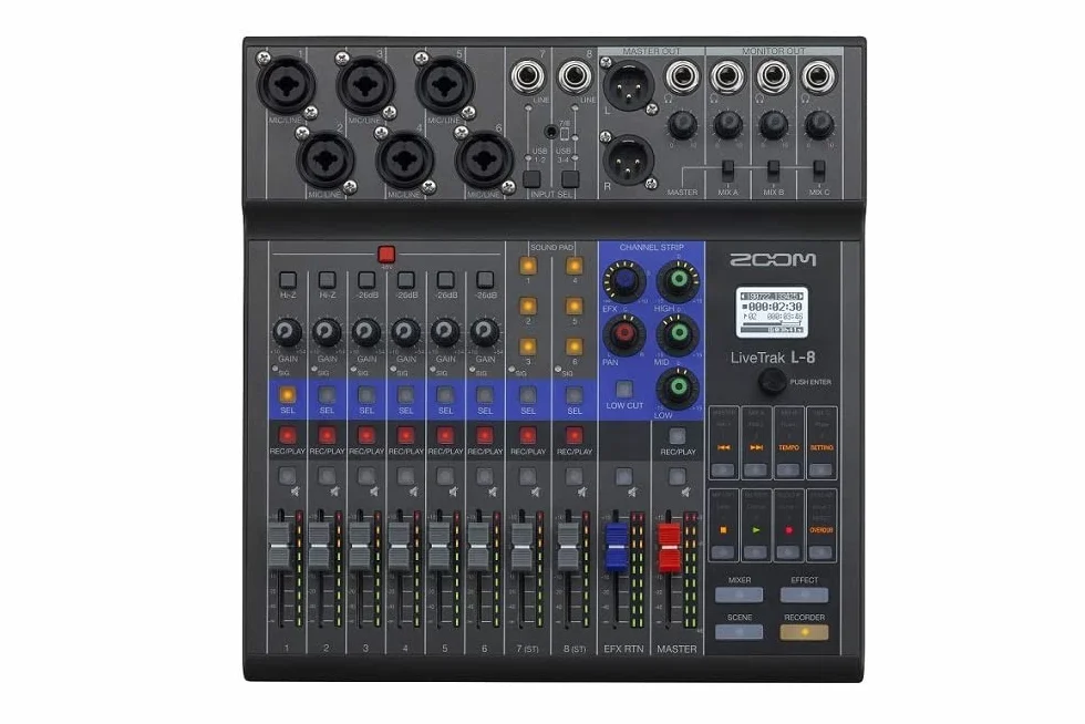 Zoom L-8 - Mixer Audio Digitale a 8 Canali, Ingresso TRRS, 12 Tracce di Registrazione Simultanea, 5 Uscite Cuffie Amplificate - Alimentabile con Batterie AA o USB 2.0, Compatibile con Sistemi iOS