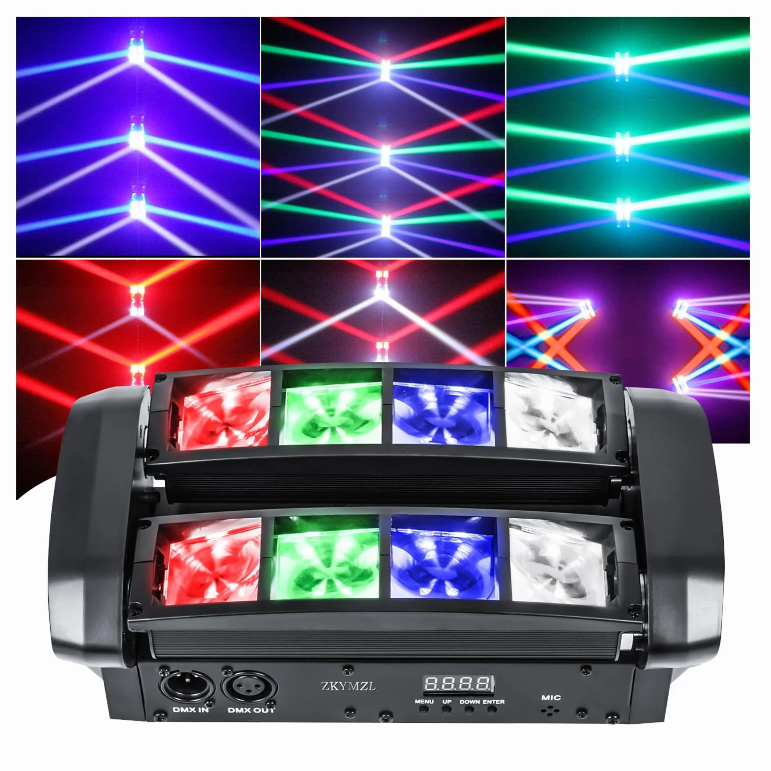 ZKYMZL Spider Moving Head Light LED Beam DJ Lights RGBW Suono Attivabile e Controllo DMX512 per Luci da Festa, Pub, Disco, Spettacolo, Matrimonio, Eventi, Illuminazione da Palco.